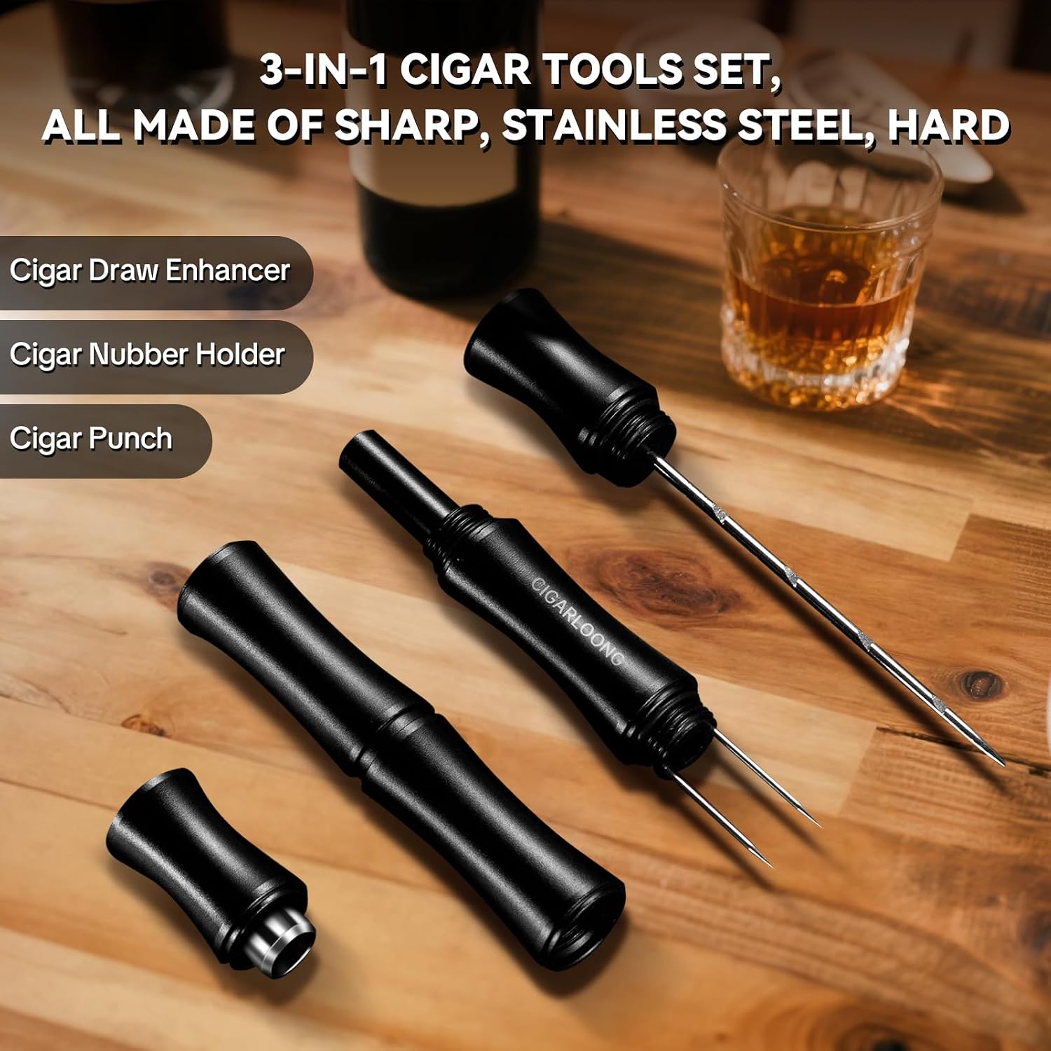 Cigar Punch Tool 3-in-1 with Cigar Draw Enhancer Cutter and Twin Nubber, Cigar Hole Opener(0.31in), Stainless Steel Cigar Tools and Accessories with Gift Box for Men (Grey)