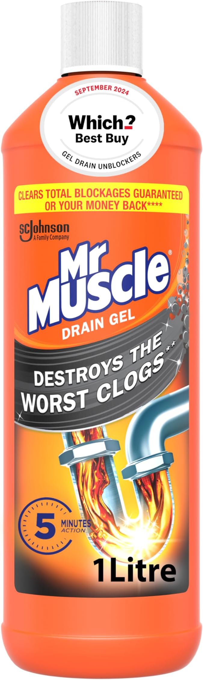 Mr Muscle Drain Unblocker Liquid (1L), Sink & Drain Cleaner, Strong & Fast Acting Heavy Duty Power Gel, Dissolves Clogs (Packaging May Vary)