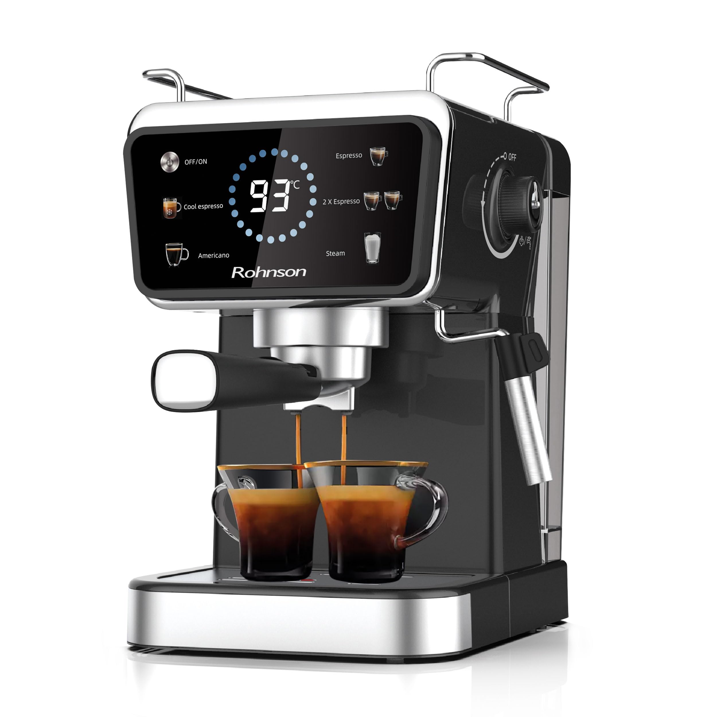 Rohnson Macchina per Espresso Caffè Macinato, Pompa da 20 Bar, Serbatoio Acqua Rimovibile da 1,5 L, 1350W, Tecnologia Caldo e Freddo, Lancia Vapore per Latte, Facile da Pulire, Design Efficiente