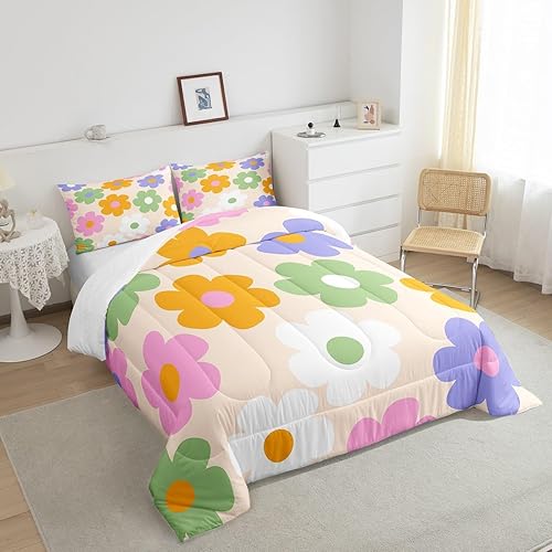 Miniatura 4 de Manfei Juego de ropa de cama Groovy de los años 70 para niños y niñas, juego de edredón retro con margaritas para todas las estaciones, tamaño