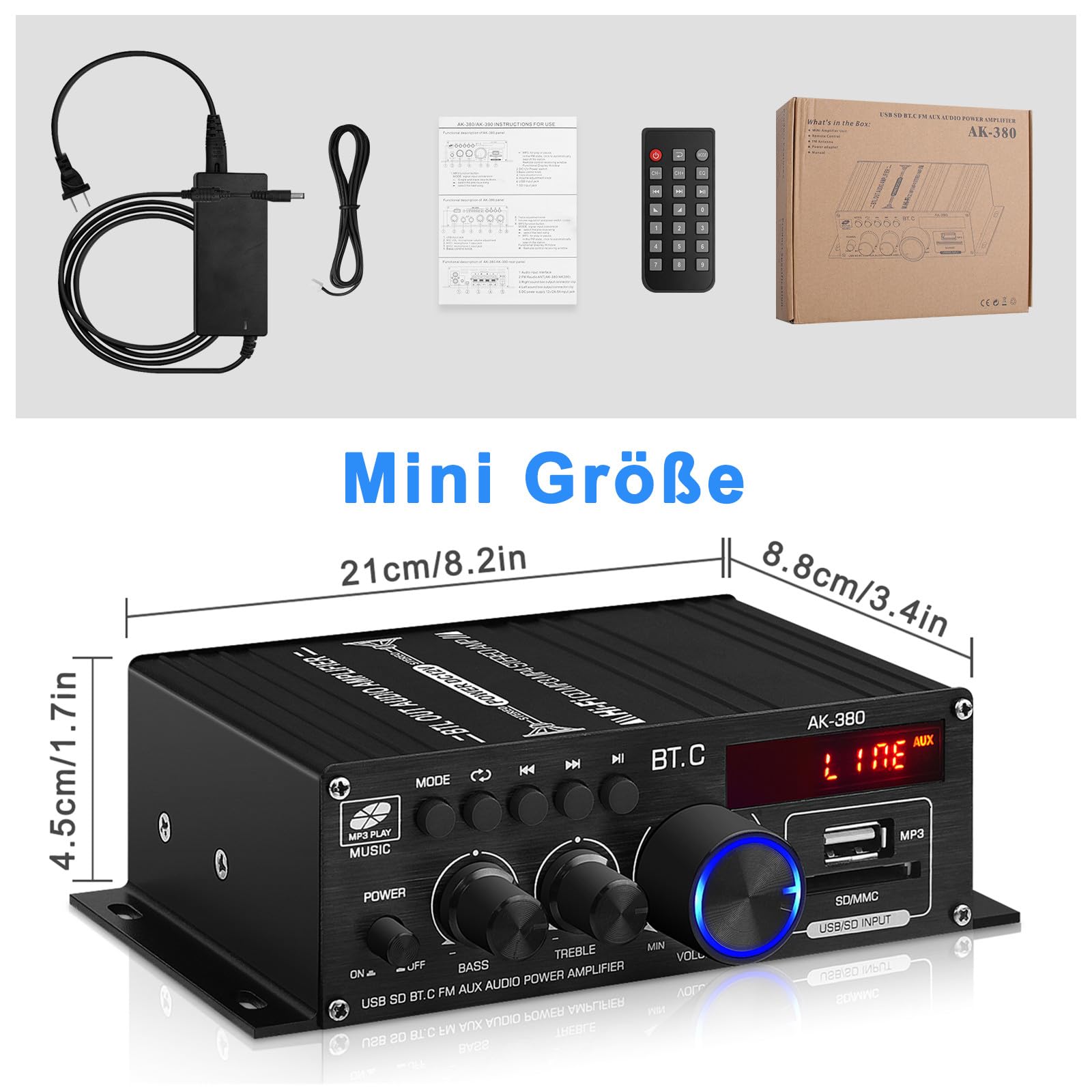 AK-380 Bluetooth 5.0 HiFi Verstärker 2.0-Kanal 40W x 2 Max. 400W Mini Verstärker Stereo Audio Leistungsverstärker-Empfänger mit USB SD Slot, UKW-Radio für Auto und Heimlautsprecher