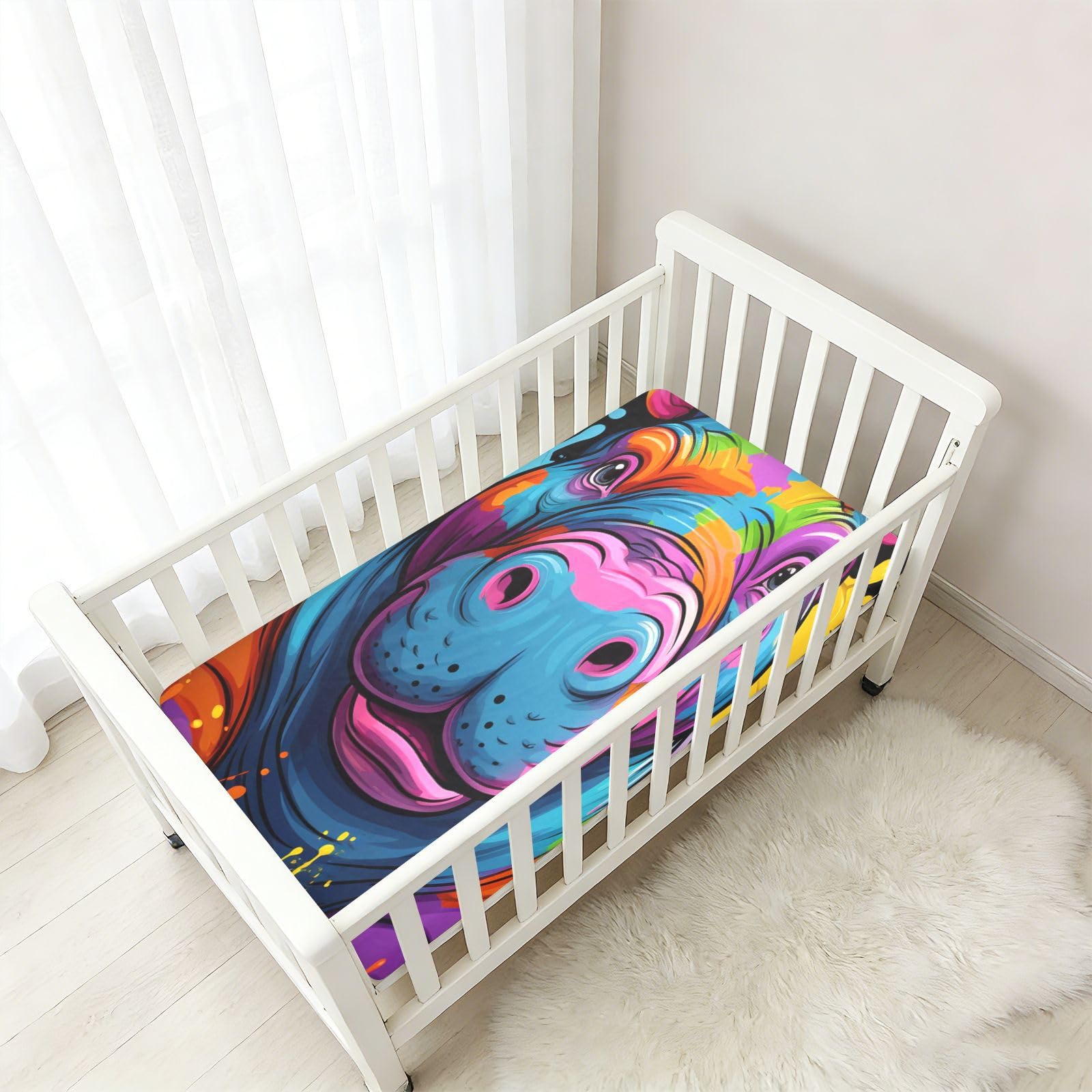 HipopóTamo Acuarela Sábana de Cuna para Niños Pequeños,Sábanas de Algodón Suave para Bebés Aptas para Colchón Corralito