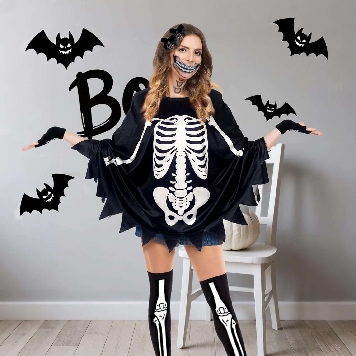 FINASKASU Halloween Skeleton Costume Set, Adult Poncho with Stockings Headwears Skeleton gloves and stickers for Women - Image 6