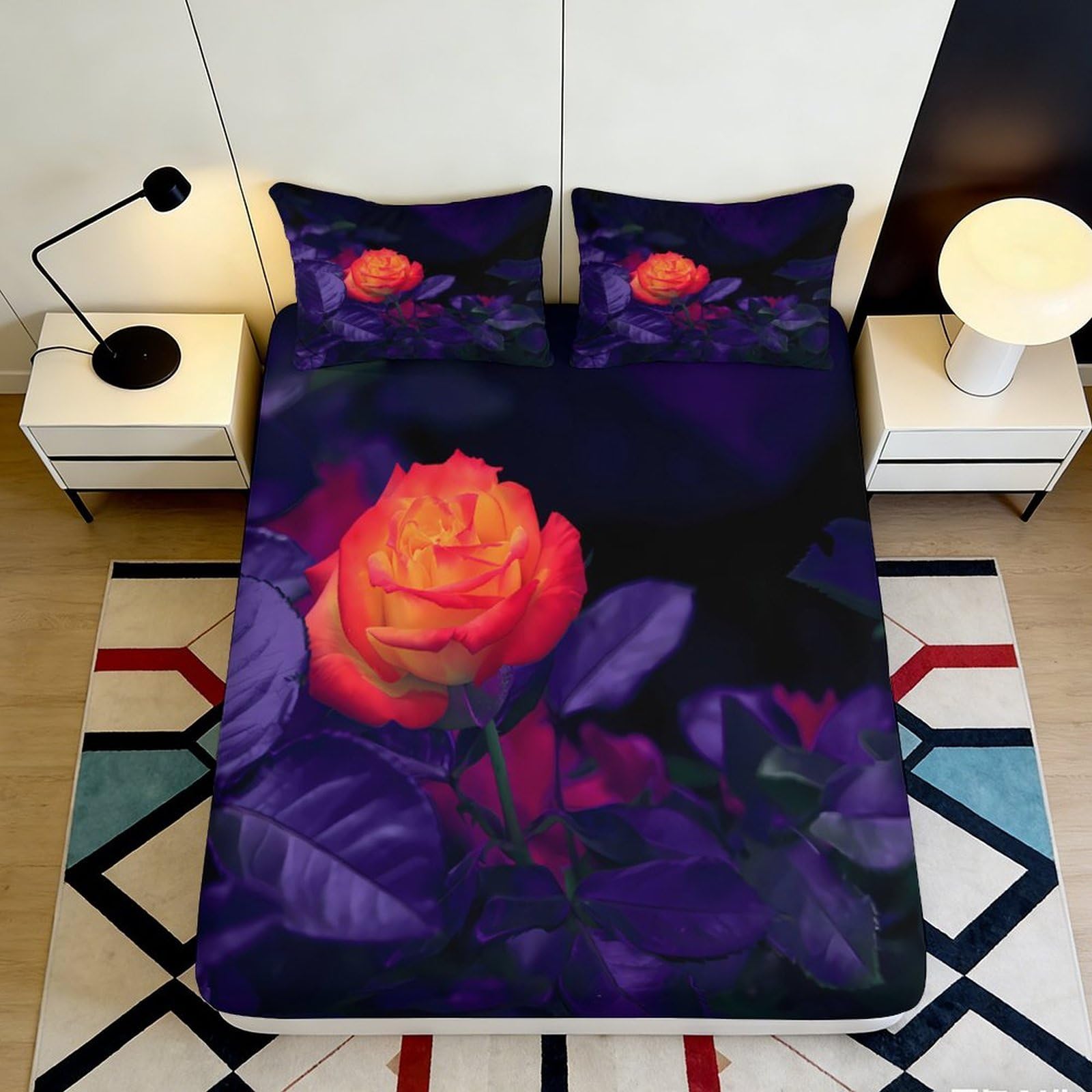 Kzqnxhjprl Style-4 3D Printed Orange Rose Fitted Sheet Microfiber Soft Purple Floral Bed Cover For Bedroom Guest Room Decor 90X200x25cm