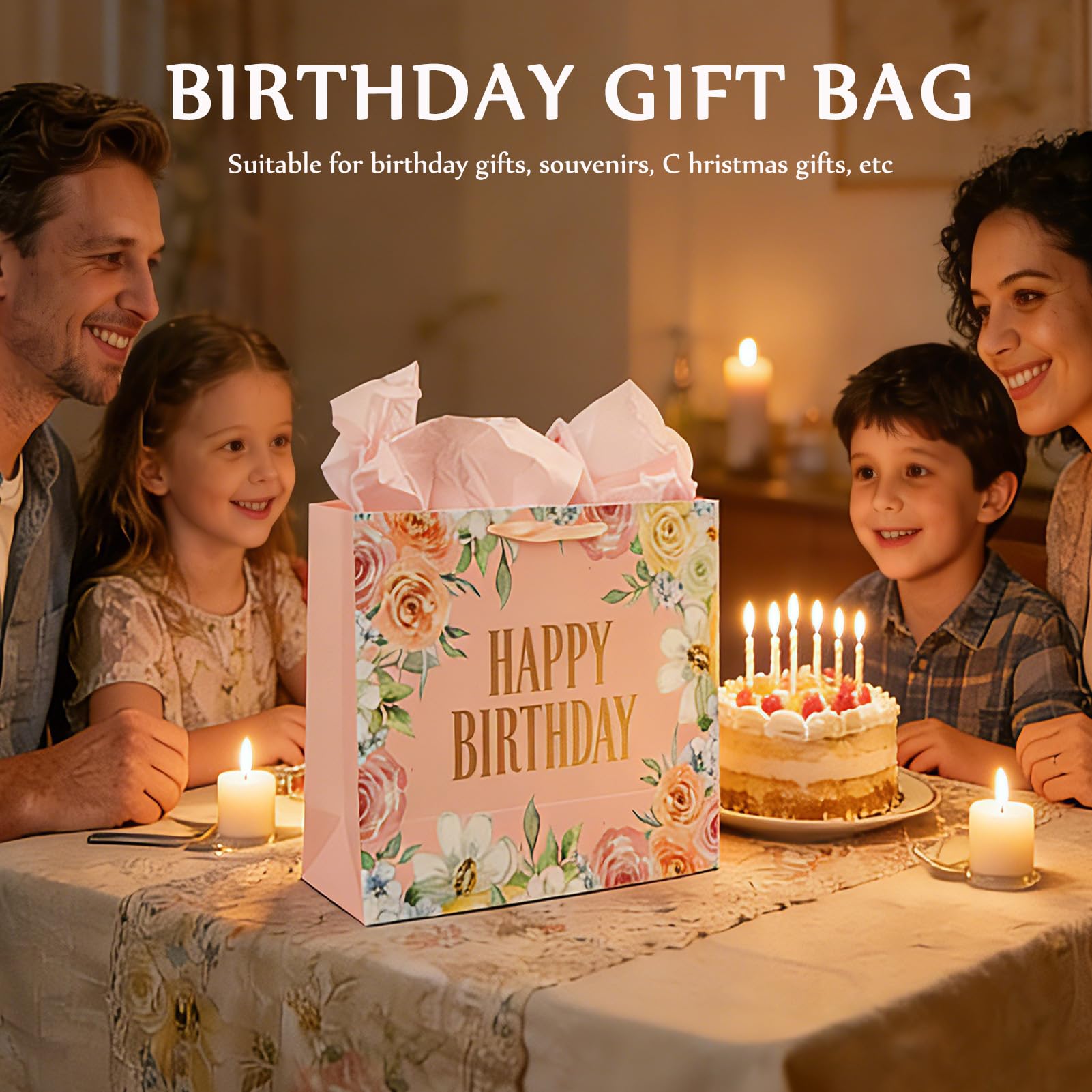 LUCTHY Large Birthday Gift Bag with Handles, 3 Tissue Papers, Card, Pink-1 - Image 6