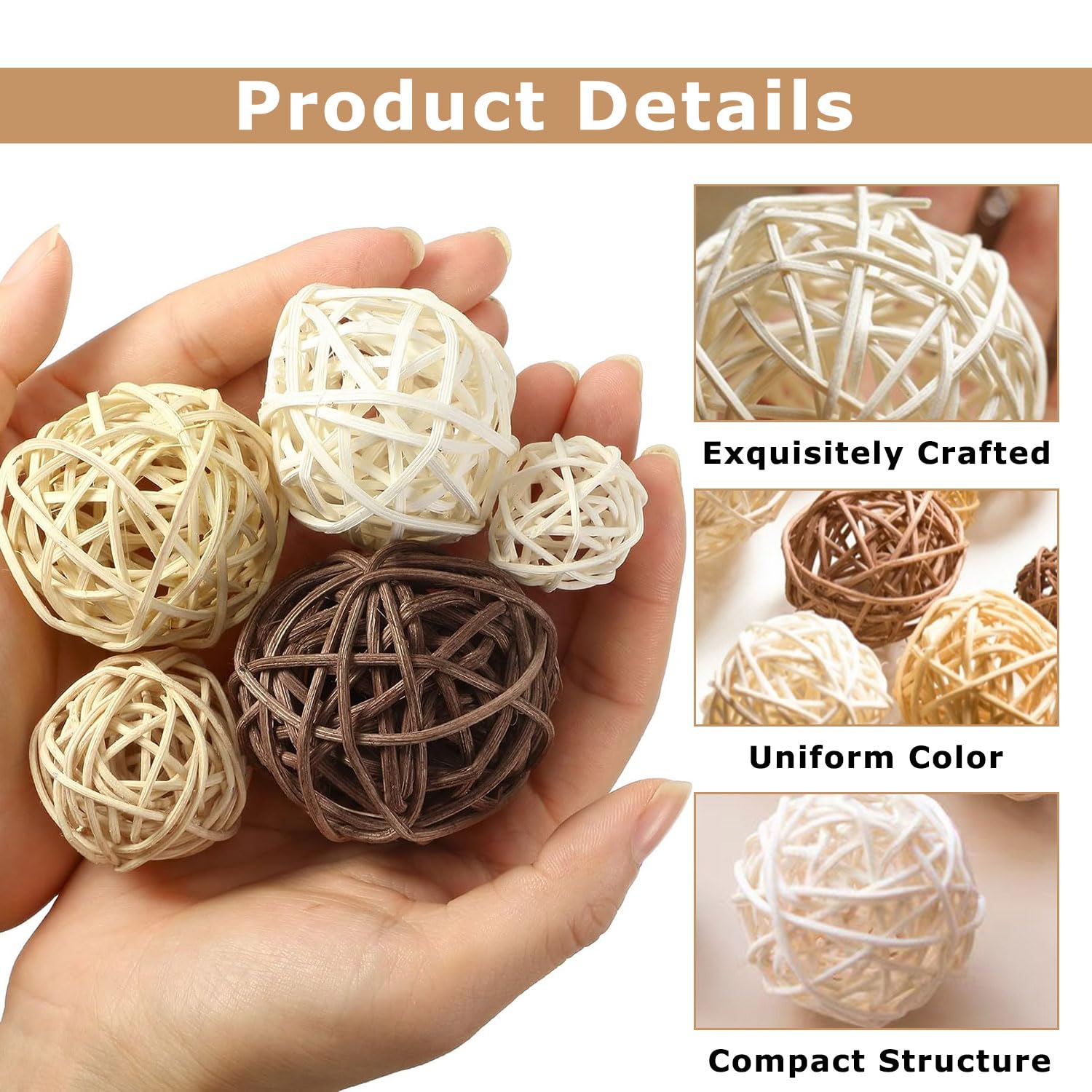 18 Piezas Bolas de Ratán, Bolas Decorativas de Mimbre, Mimbre Ratán Decorativas 3 Tamaños para Decoración de Mesa Fiesta Colgante Aromaterapia Aroma Conejo Pájaro Loro Masticar Juguete
