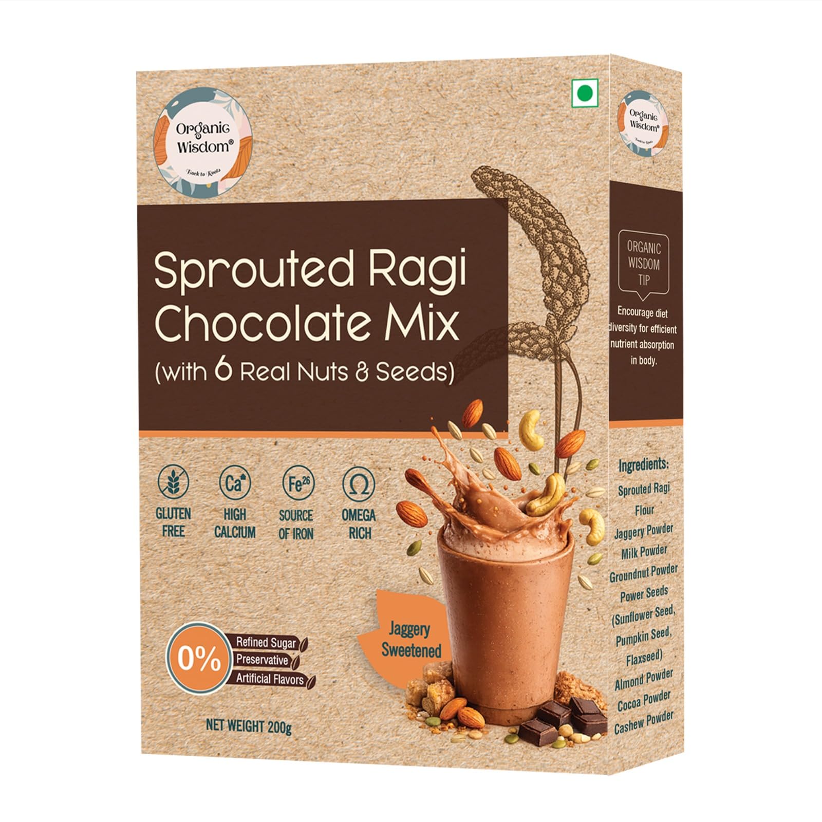 Organic Wisdom Sprouted Ragi Chocolate Mix | Jaggery Sweetened | No Refined Sugar | High Calcium & Iron | With Nuts & Seeds | Healthy Millet Drink Mix | 200g-image-42
