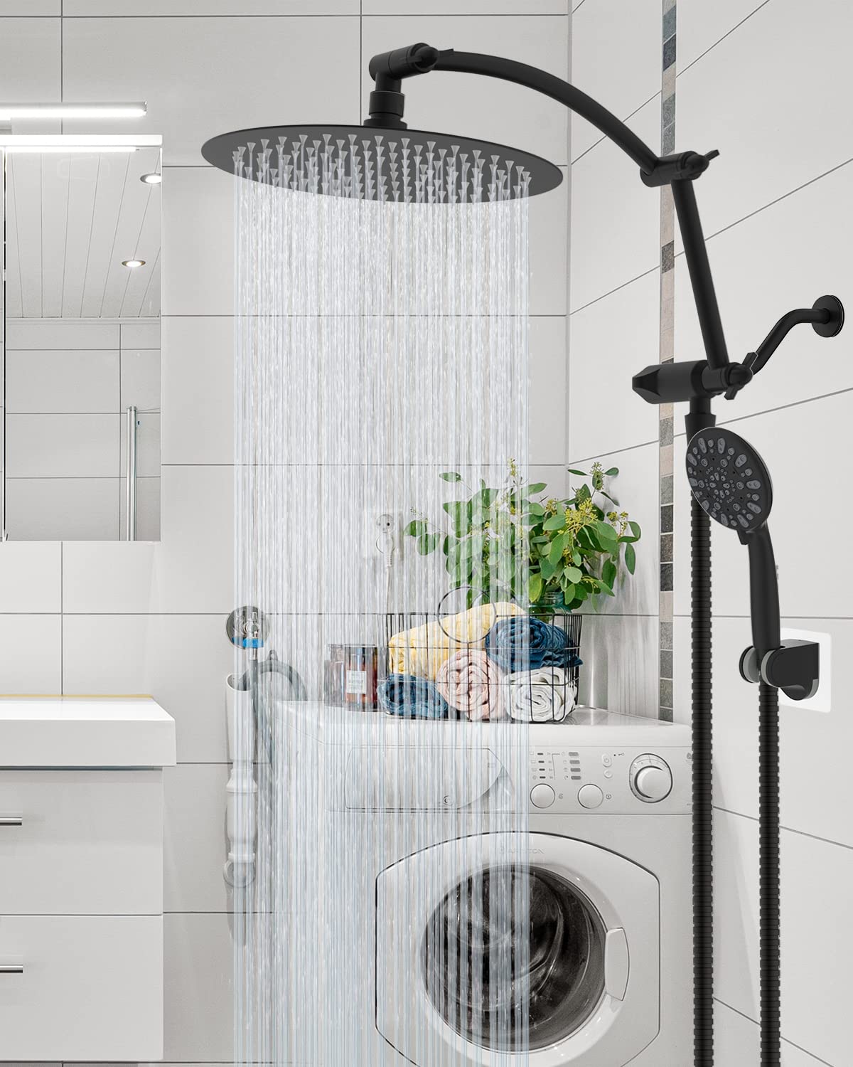 Hibbent All Metal Shower Head,10'' High Pressure Rain Shower Head/Handheld Showerhead Combo with 16'' Adjustable Arc-shaped Shower Extension Arm, 7-Spray, 71'' Hose, Showerhead Holder, Matte Black