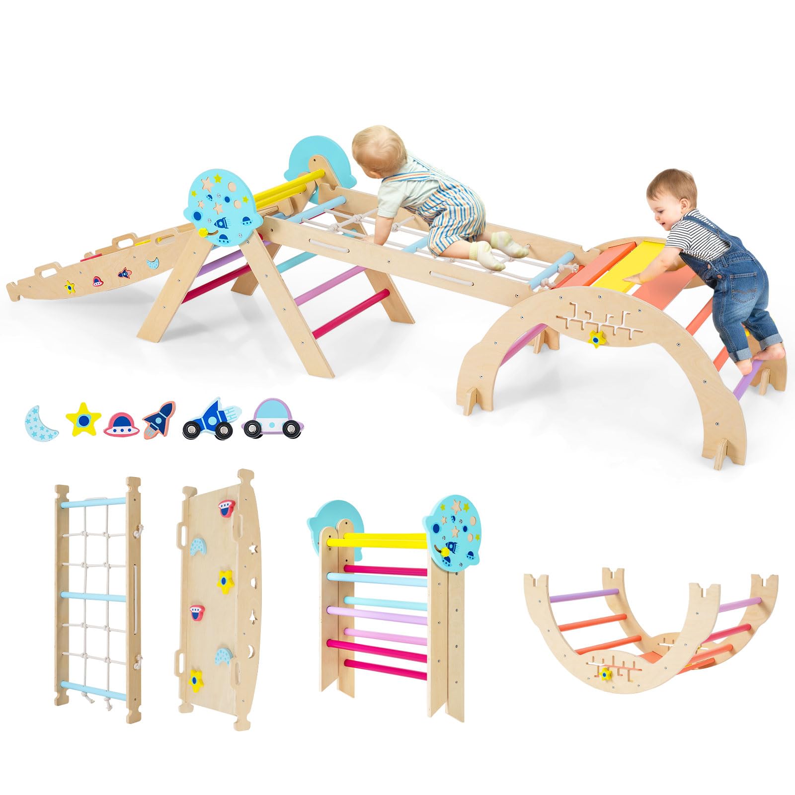 COSTWAY Klettergerüst Indoor 4er Set, klappabres Kletterdreieck mit Rutsche, Kletterbogen, Netz, inkl. doppelseitige Rampe, Baustein Set & 2 Autos, Universum Sprossendreieck Holz für Kinder ab 1 Jahr