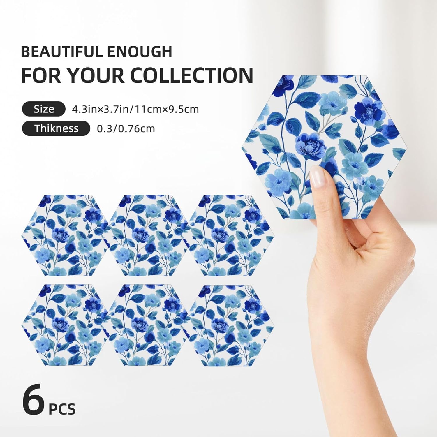 (Blue Flower and Leaf) Ceramic Coasters Set of 6 with Holder Non-Slip Hexagon Coffee Coasters for for Cup Mug Drink Patio Coffee Table Decor, Christmas Coasters Home Bar Supplies
