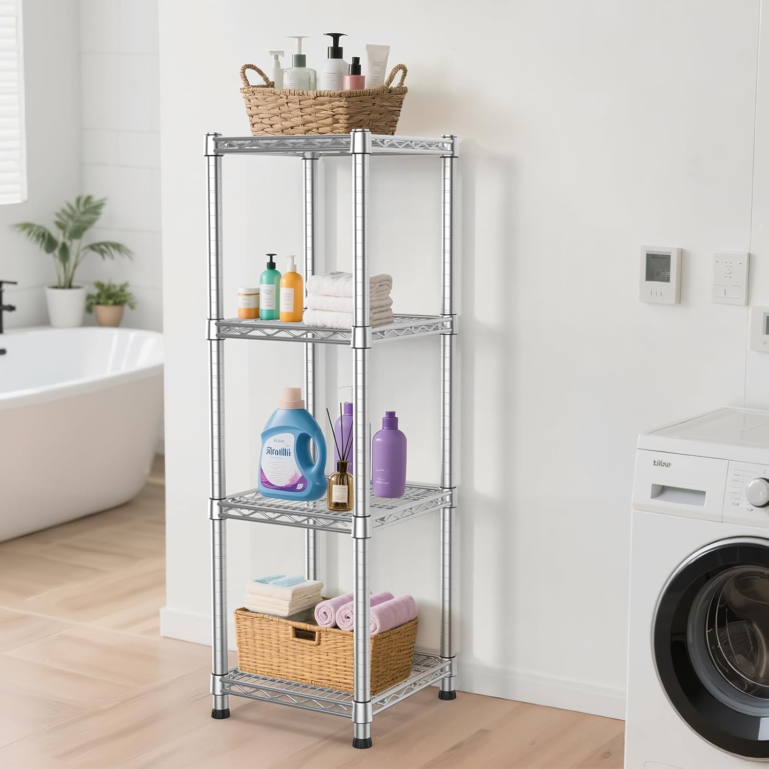 14" Metal Wire Shelving Unit Storage Shelves 4 Tier Adjustable Shelf Sturdy Steel Rack Standing Units Organizers organize for Laundry Bathroom Kitchen Closet Basement Garage Pantry Narrow Mesh Utility