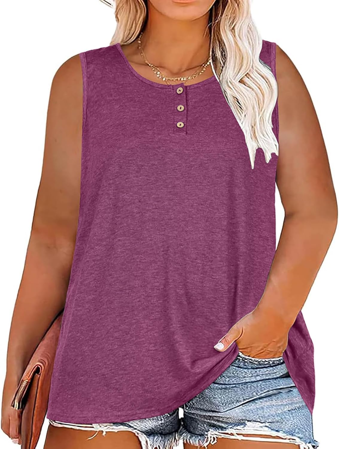 Womens Plus Size Tops Summer Sleeveless Loose Fit Button Down Tanks Top Blouse Shirts