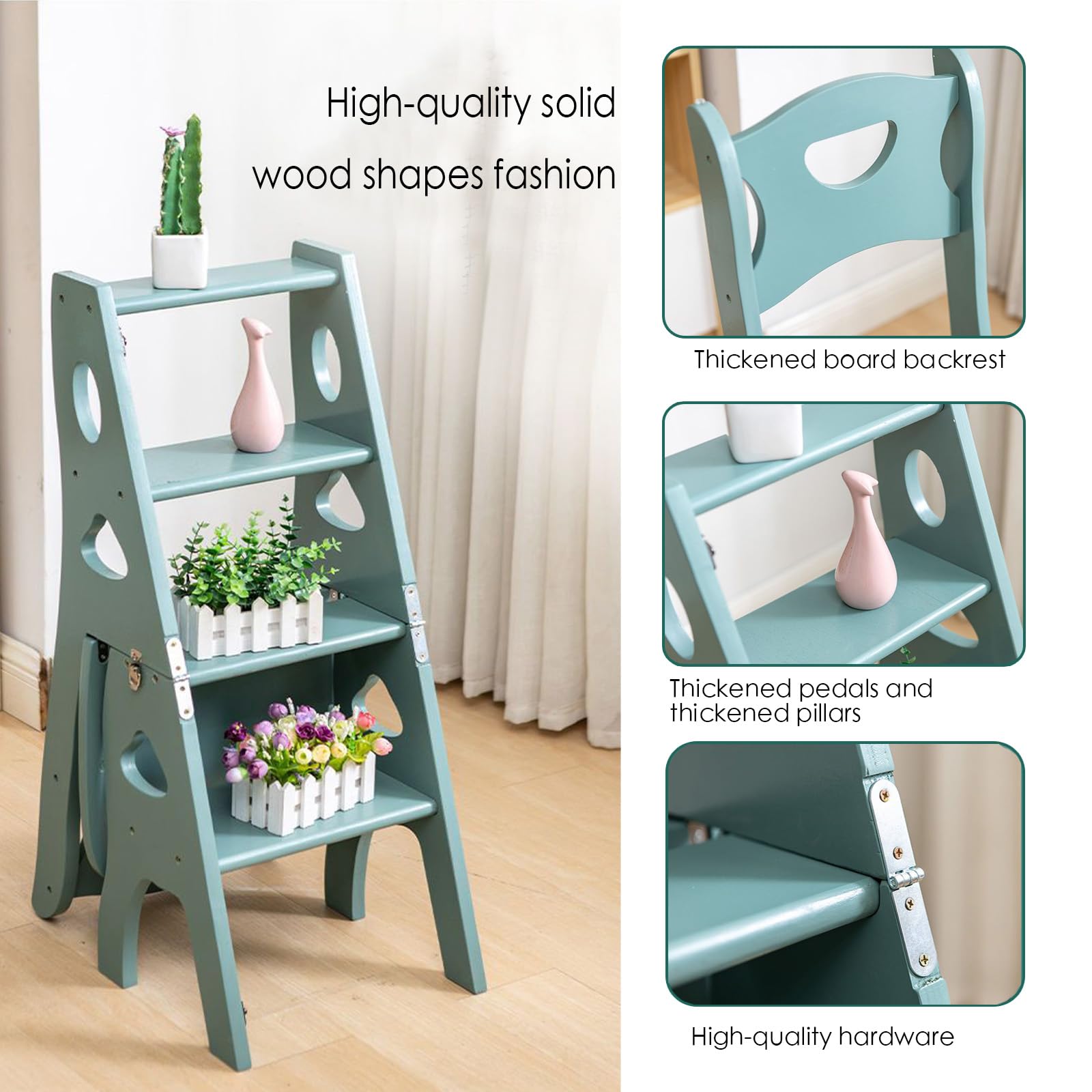 Taburero plegable de 4 pasos, silla sólida de la escalera de pino con las rodajas anchas, 330lbs capacidad, diseño que ahorra espacio para la cocina, la oficina y el estante de exhibición del hogar, b
