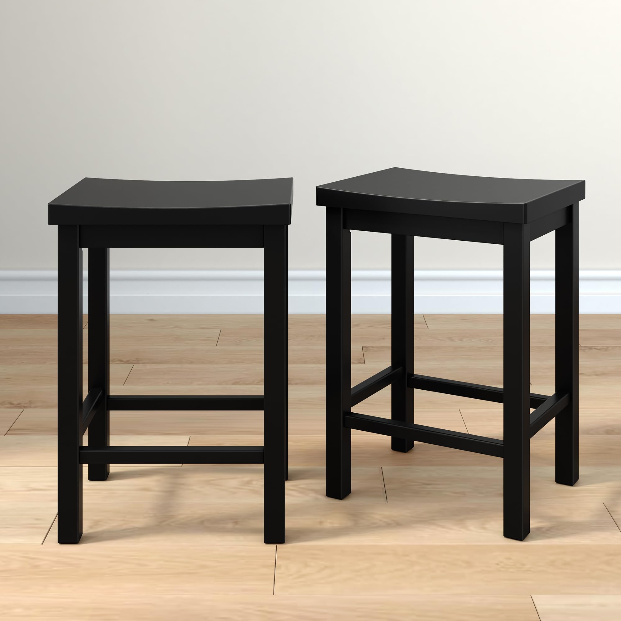 Grain & Grove Smith Collection Set of 2 Solid Wood Counter Height Bar Stools, 24-Inch Saddle Seat Backless Stools, Ideal for Kitchen Island, Dining, or Home Bar Seating, Black