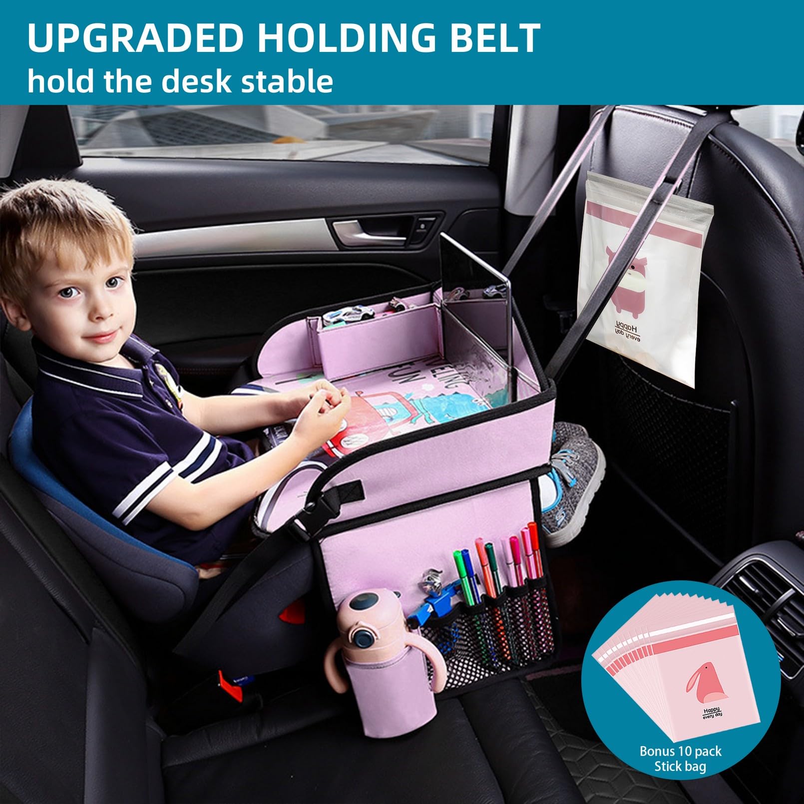 Vassoio da viaggio per bambini per seggiolino auto per, vassoio da viaggio per auto, aereo, vassoi per auto per bambini, accessori essenziali per viaggi su strada, con 15 sacchetti