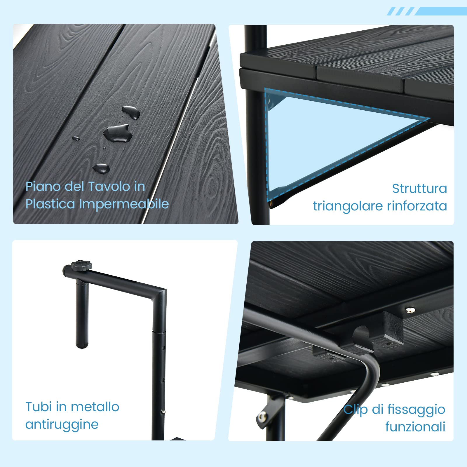 GYMAX Tavolino da Appendere al Balcone, Tavolino Sospeso Pieghevole e Regolabile in Altezza, Resistente alle Intemperie e Senza Ruggine per Ringhiere del Balcone, fino a 30 kg, 60×62,5×84 cm (Nero)