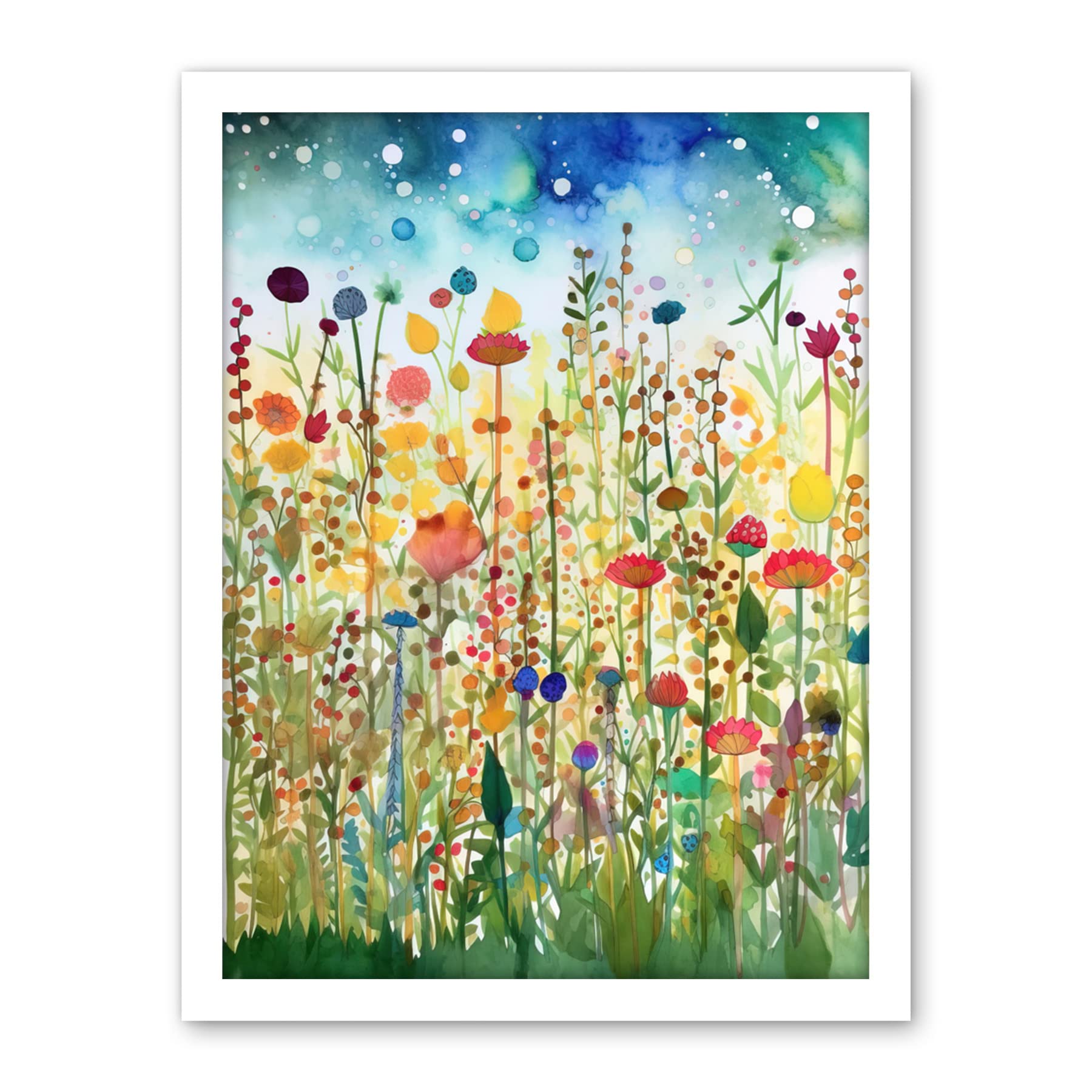 Artery8 Wildflower Meadow Folk Art Artwork Framed Wall Art Print 18X24 Inch