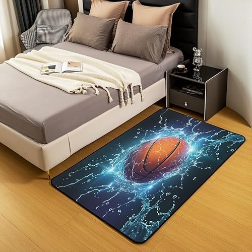 Miniatura 5 de Alfombra de baloncesto de 5 x 7 pies, temática deportiva, para sala de estar, dormitorio, suave, para niños, bola 3D, alfombra decorativa para el