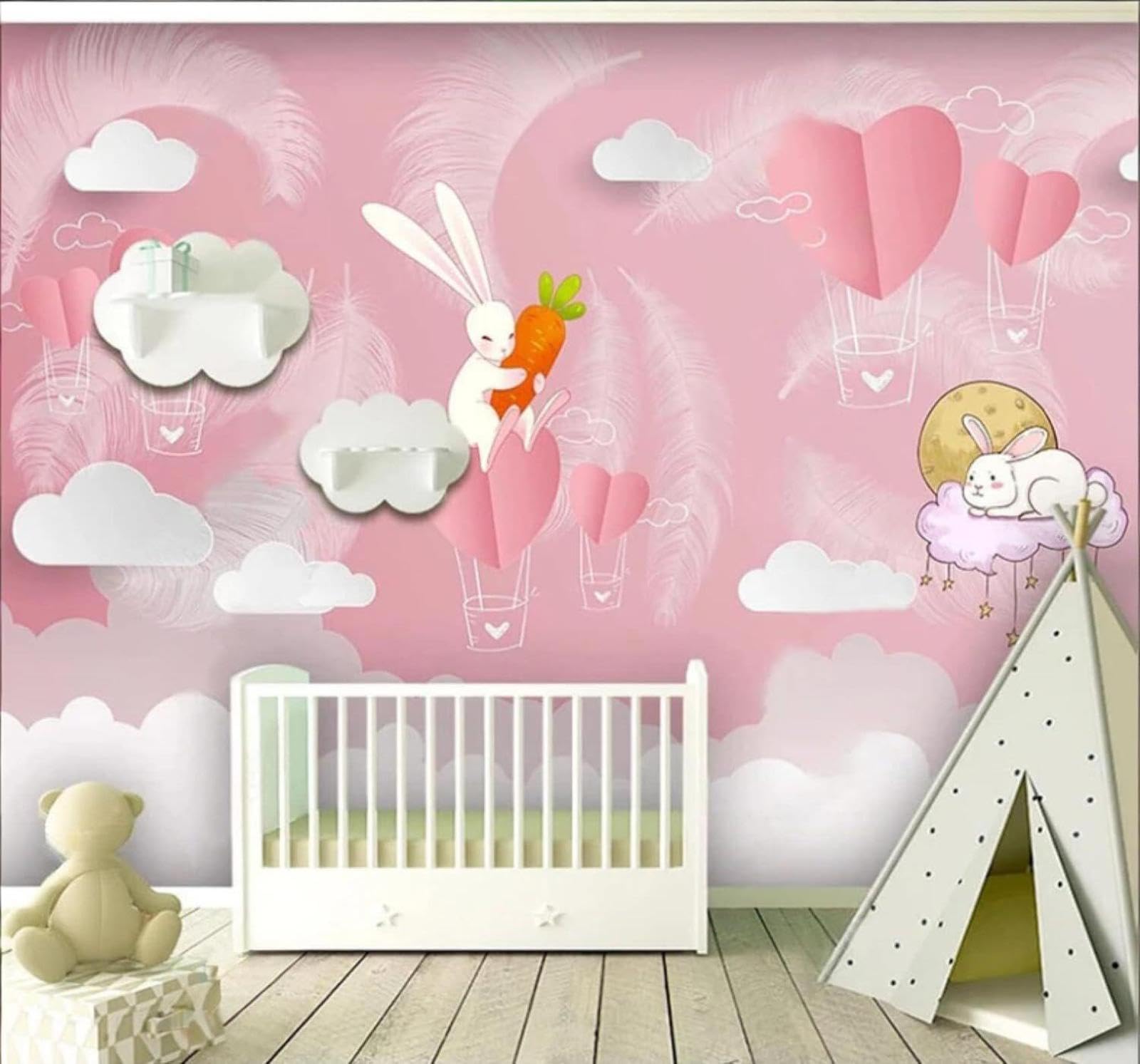Three Dimensional Cute Rabbit Clouds Feathers 3D Wallpaper Easy Install Feature Office Living Room Sofa Bedroom TV Background Wall Decoration-350cm×256cm