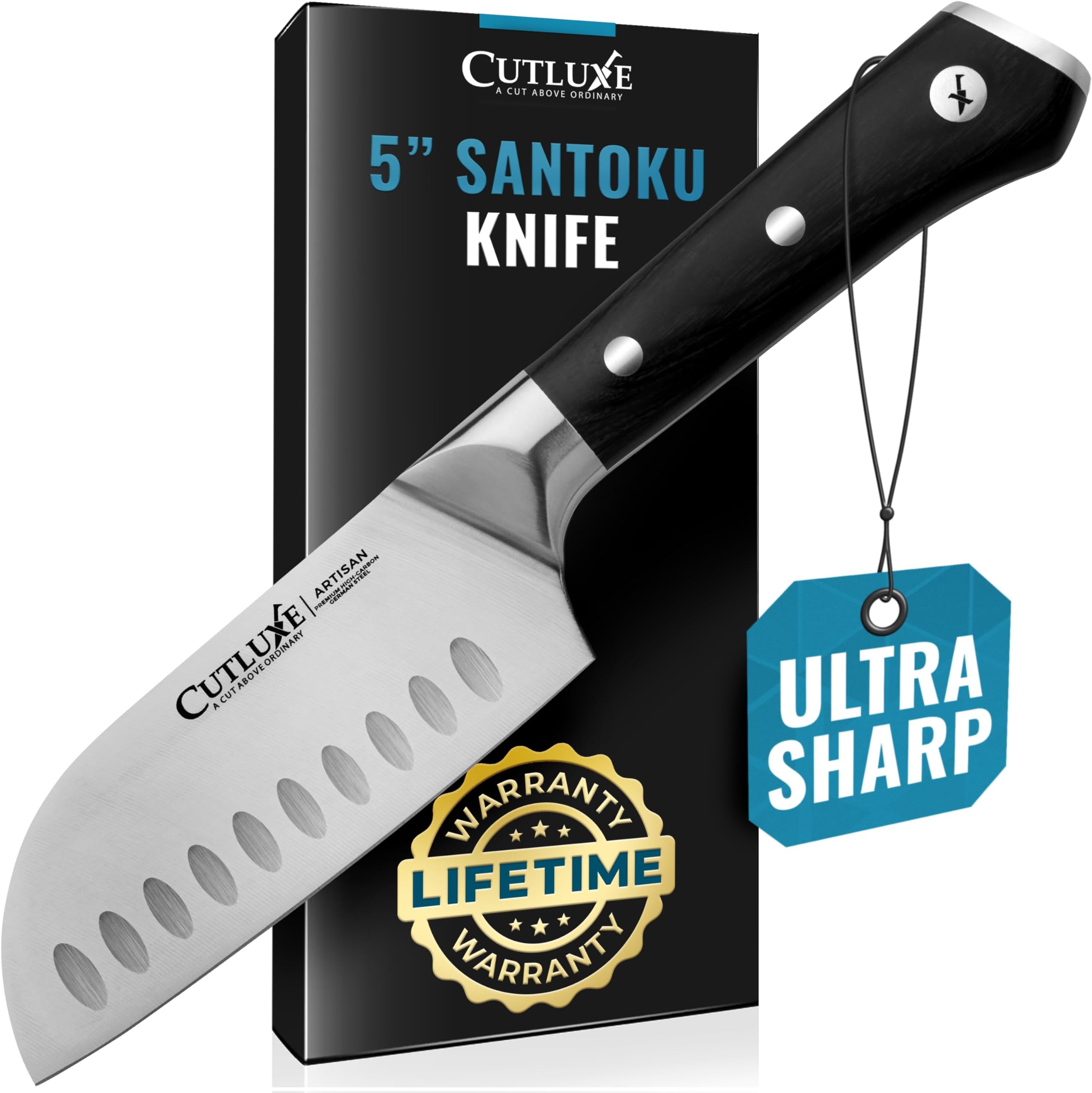 Cutluxe Santoku Knife โ 5" Chopping Knife, Meat and Vegetable Knife โ Forged High Carbon German Steel โ Full Tang & Razor Sharp โ Ergonomic Handle Design โ Artisan Series