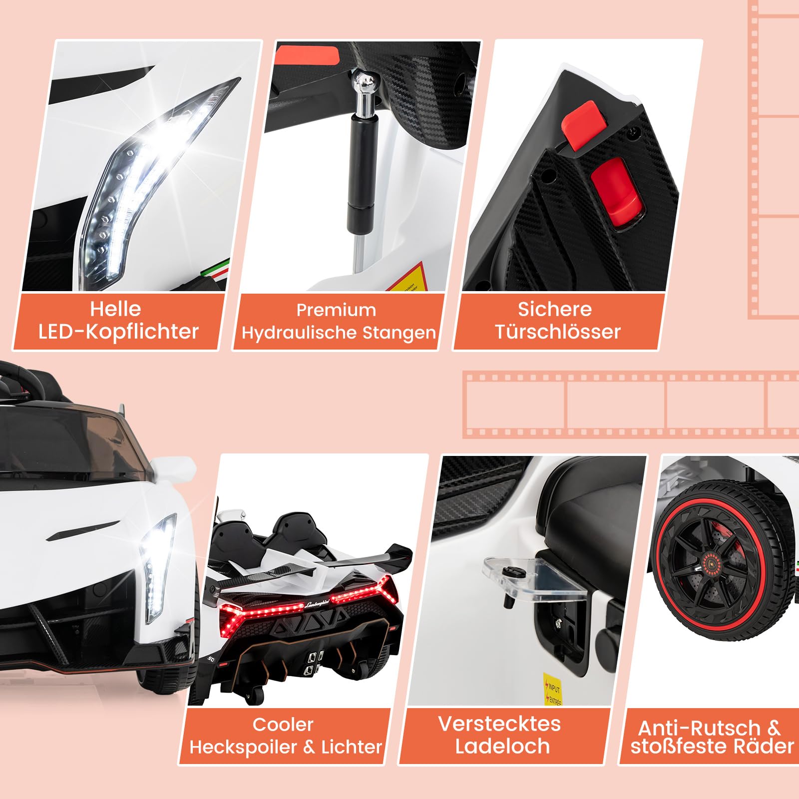 COSTWAY Lamborghini Elektroauto für Kinder, Kinderfahrzeug mit 2,4-G Fernbedienung & LED Scheinwerfer & Hupe & Musik, Elektrofahrzeug 3-6 km/h, Kinderauto Elektro für Kinder ab 3 Jahren (Weiß)