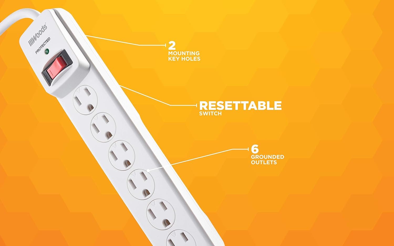 Southwire Woods Surge Protector Power Strip - 900J Overload Protection - 3 Foot Cord - UL Listed Surge Protector - Built-In Circuit Breaker - White - 6 Outlets