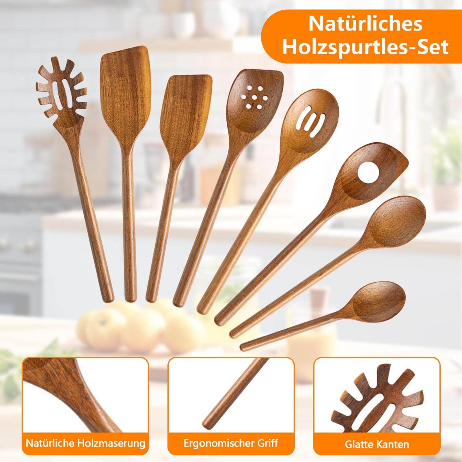 Spactz Houten 8 stuks houten lepels 21,5 cm veelzijdig