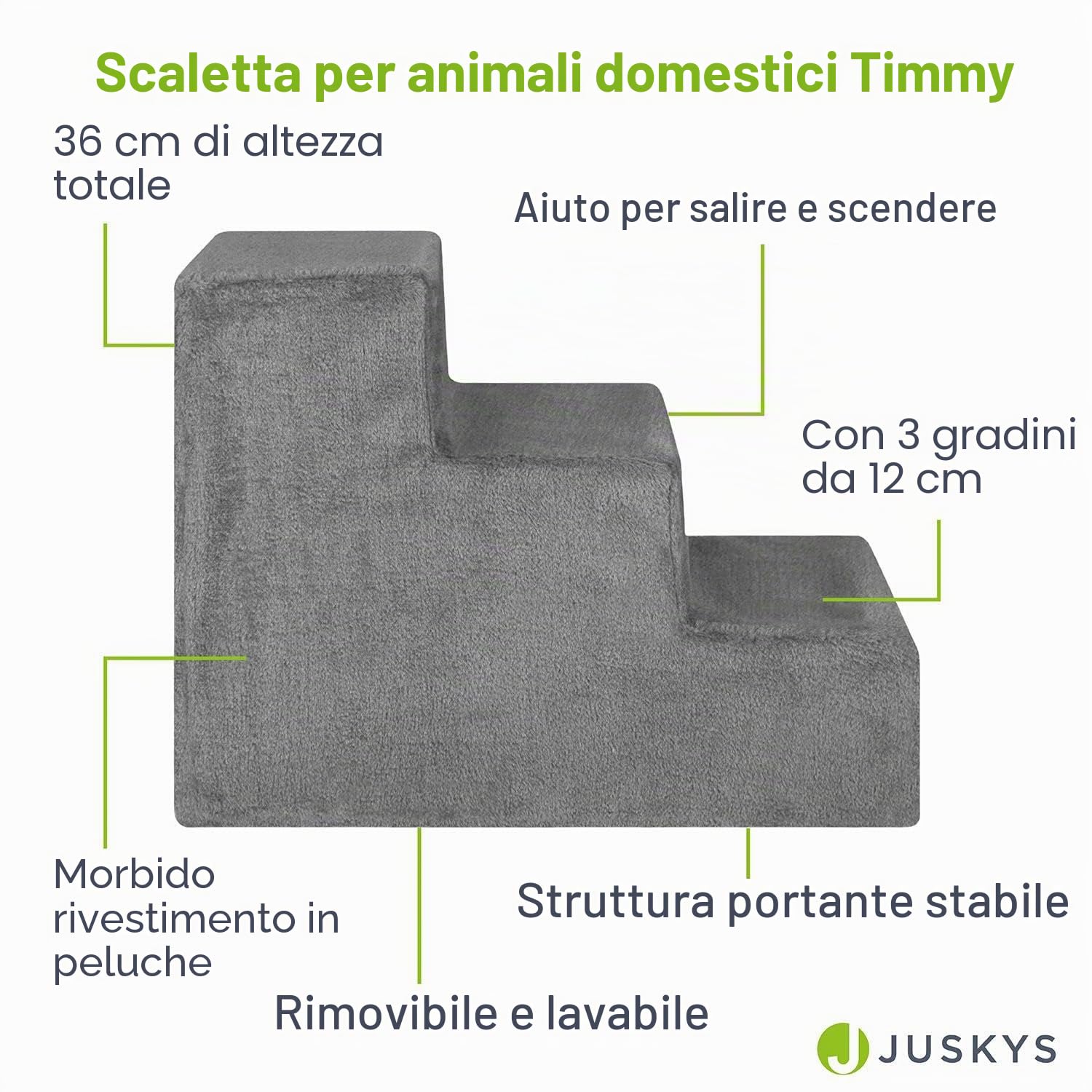 Scaletta per animali Juskys, 36 cm, a 3 gradini con peluche lavabile, per cani e gatti, ideale per letto, divano, sofà e auto - Rivestimento grigio