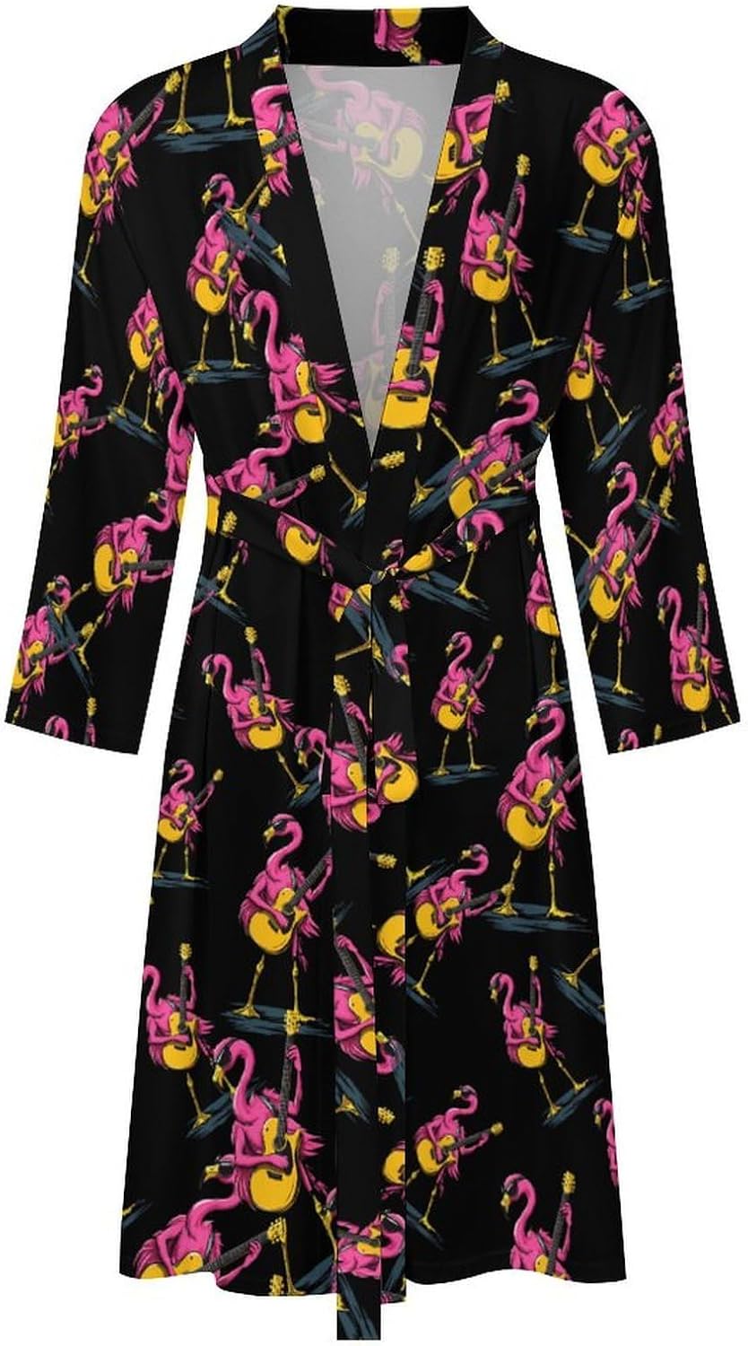 Flamingo Playing Guitar Mens Robe Long Bathrobe for Women Bath Robes Lightweight Soft Printed Sleepwear