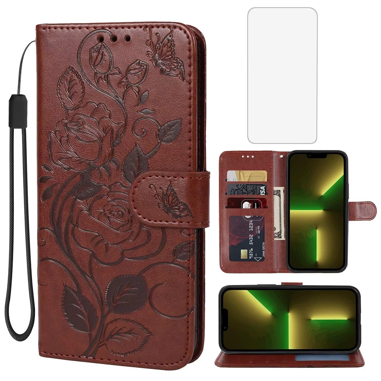 Vavies Case for iPhone 13 Mini Wallet Case with Tempered Glass Screen Protector, Flower Leather Flip Credit Card Holder Stand Phone Cover Cases for