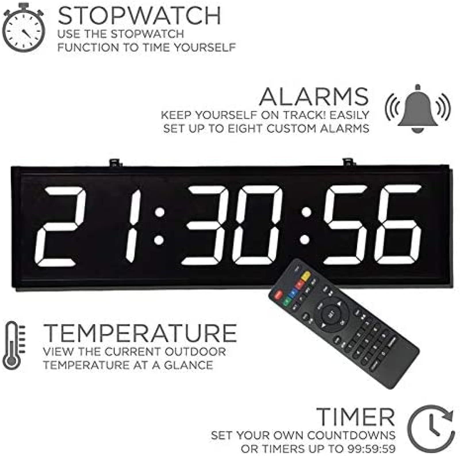 Reloj digital LED para gimnasio con control remoto, cronómetro, alarmas, temporizador, humedad y temperatura, reloj de pared de gran tamaño de 27,8 x 7,6 pulgadas para oficina, casa, lugar público