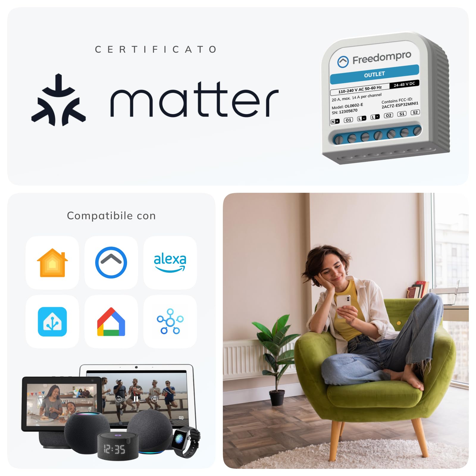 Freedompro Interruttore Smart WiFi Comanda 2 Prese Elettriche, Monitoraggio Energetico, Modulo Smart Home MINI Relè Compatibile con Matter, Apple HomeKit, Alexa, Google, 110-240V 14A Scatola Incasso