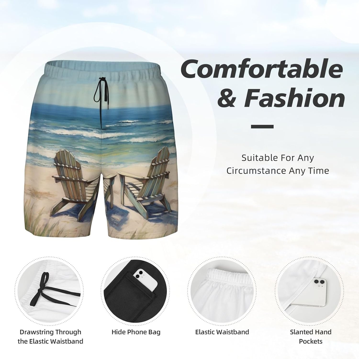 Men's Swim Trunks 2 in 1 Quick Dry Bathing Suits Beach Scene with Chairs Beach Board Shorts Swimwear