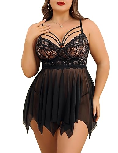 Avidlove Babydoll Lingerie for Women Strappy Nightdress Sexy Nightgowns Bridal Chemise Plus Size Lace Langeray L-4XL - 4X-Large - Black