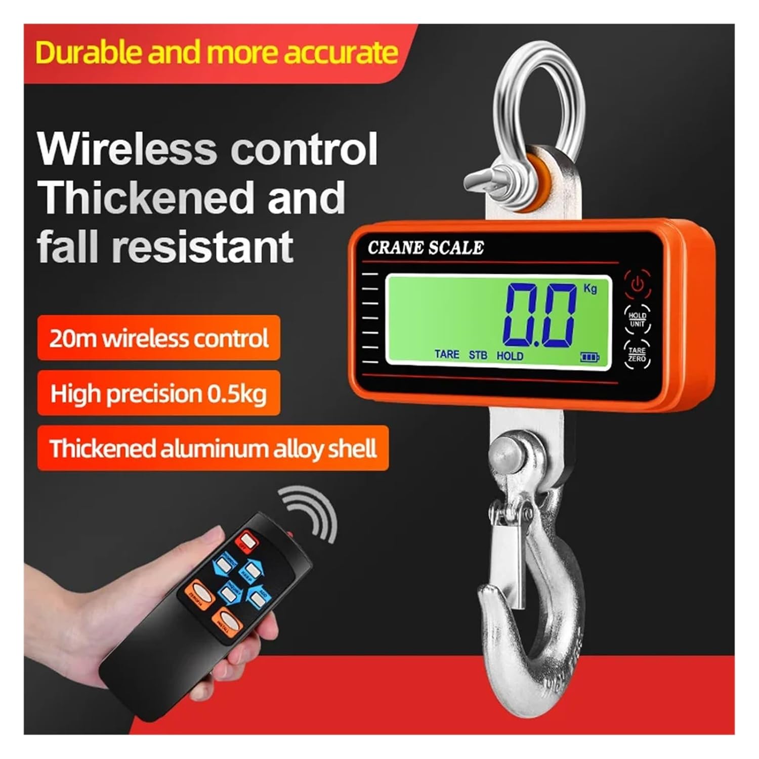 Digital Crane Scale, Heavy Duty Crane Scale with 65ft Remote Control 1500kg/500kg Digital Hanging Scale LCD/LED Display Industrial Hook Scales,for Farm Hunting Fishing,LCD 500kg-black-A