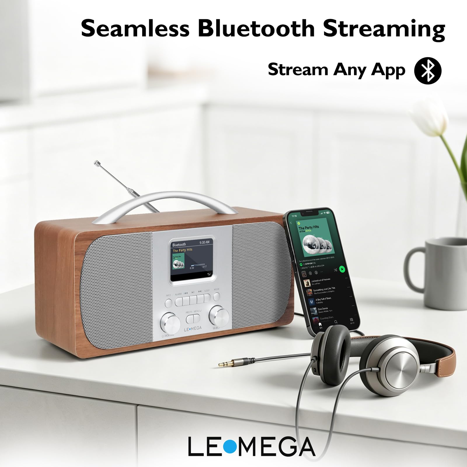 LEMEGA DR6 Poste Radio Stereo DAB/DAB+ Numérique avec Bluetooth, FM, Radio Réveil - Noyer