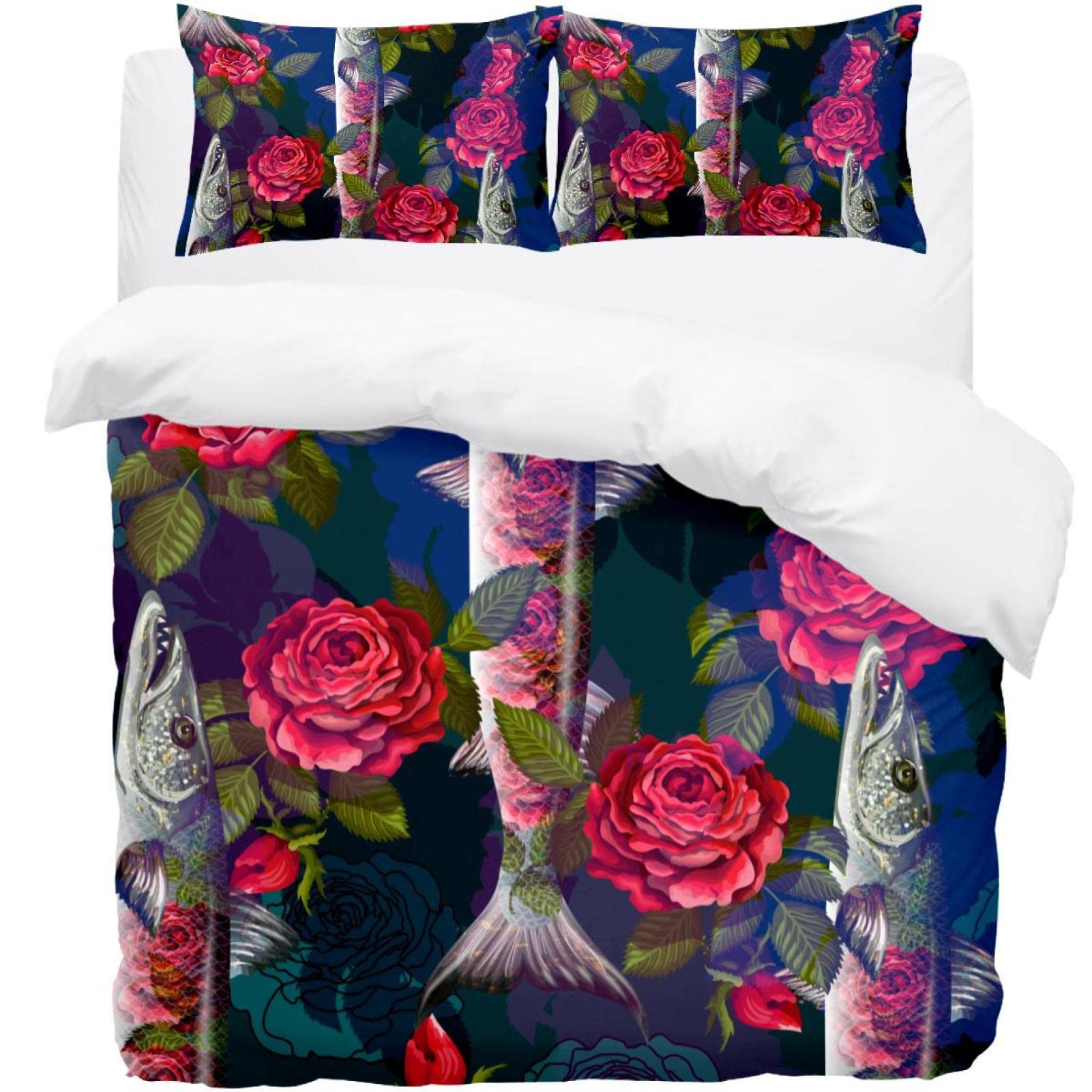 Parure de lit housse de couette fleurs poissons Queen King size avec 2 taies d'oreiller