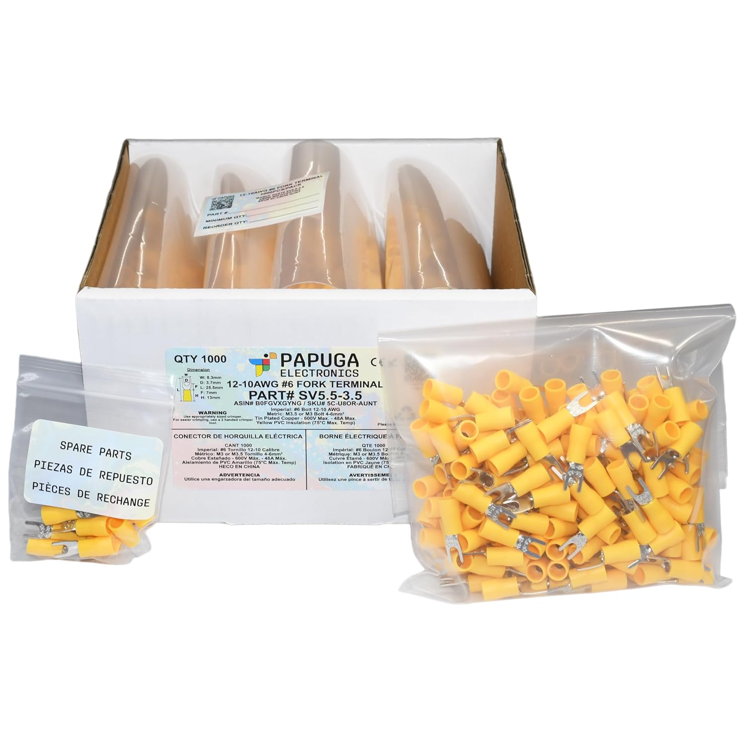 PAPUGA 1000PCS 12-10 AWG (4-6 mm2) #6 / M3.5 Insulated Fork Spade Crimp Connector, 600V 48A, CE RoHS Industrial Terminal High Current Connector, Electrical Repair