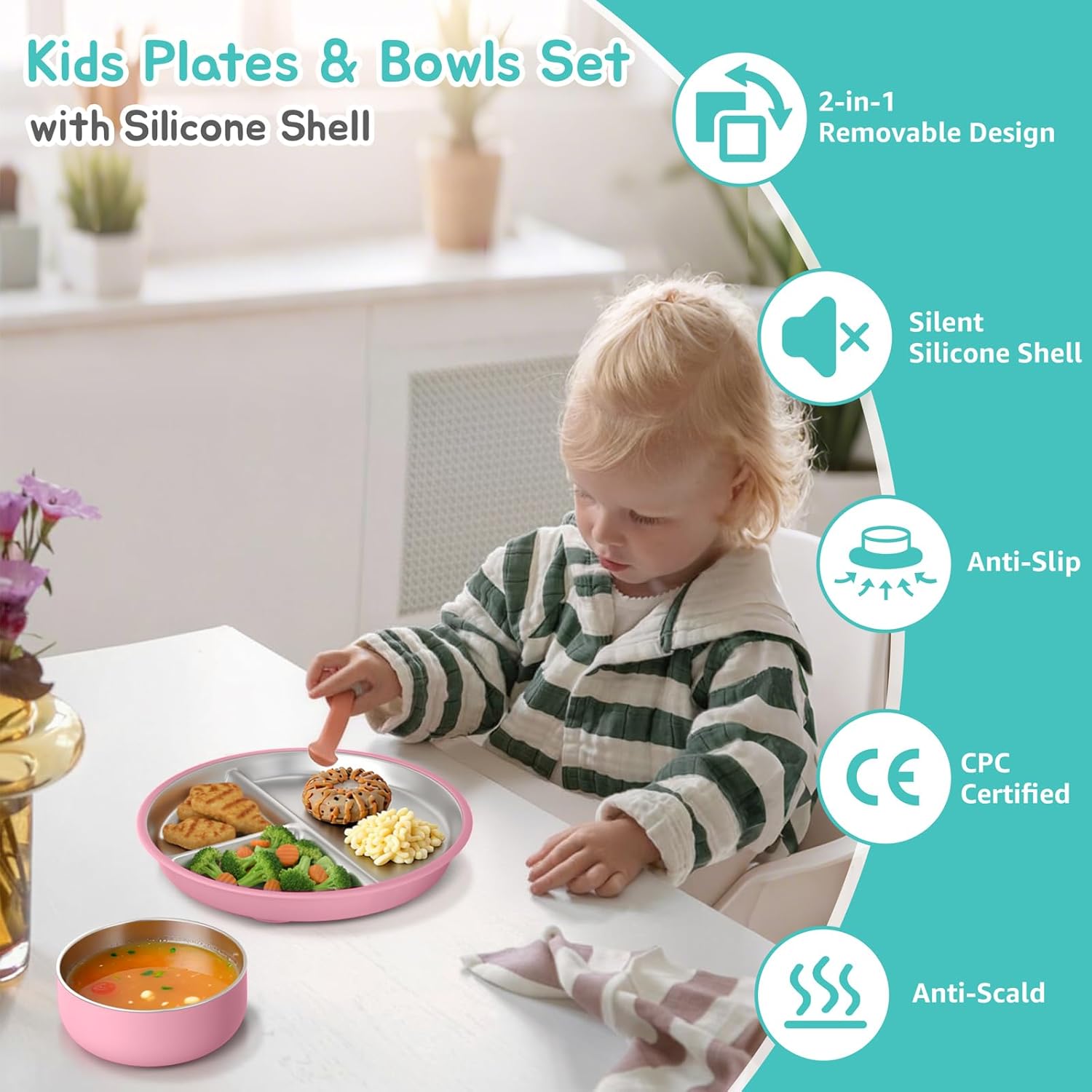 NUTIKAS Toddler Plates and Bowls Set with Lids - Suction Divided Stainless Steel Kids Plates with Dividers Silicone Baby Dishes (4 Pack Sets)