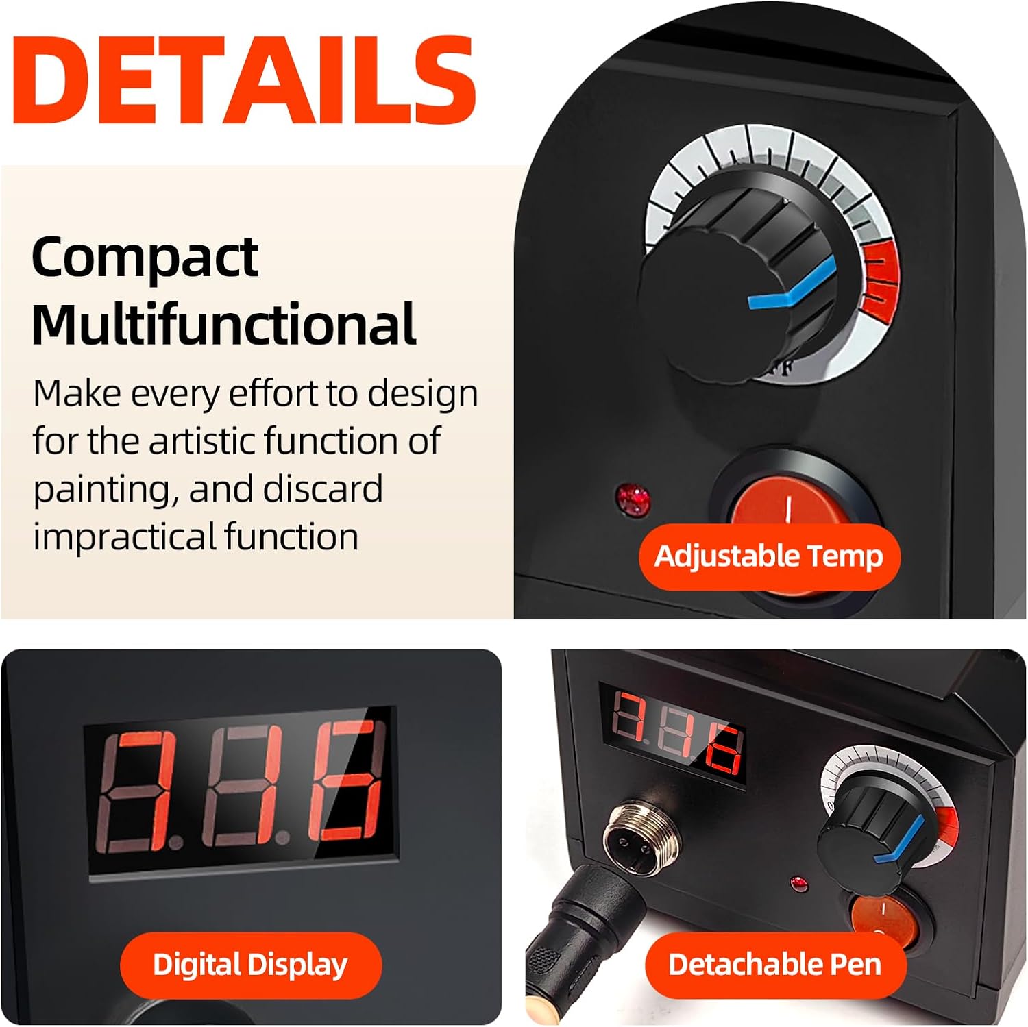 Close-up of the wood burning station showing adjustable temperature knob, digital display, and detachable pen port