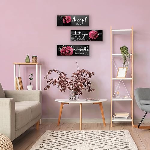 Miniatura 6 de 3 piezas de decoración de pared de rosas rosas para baño, arte de pared de madera inspiradora con frases positivas Aceptar, dejar ir, tener fe