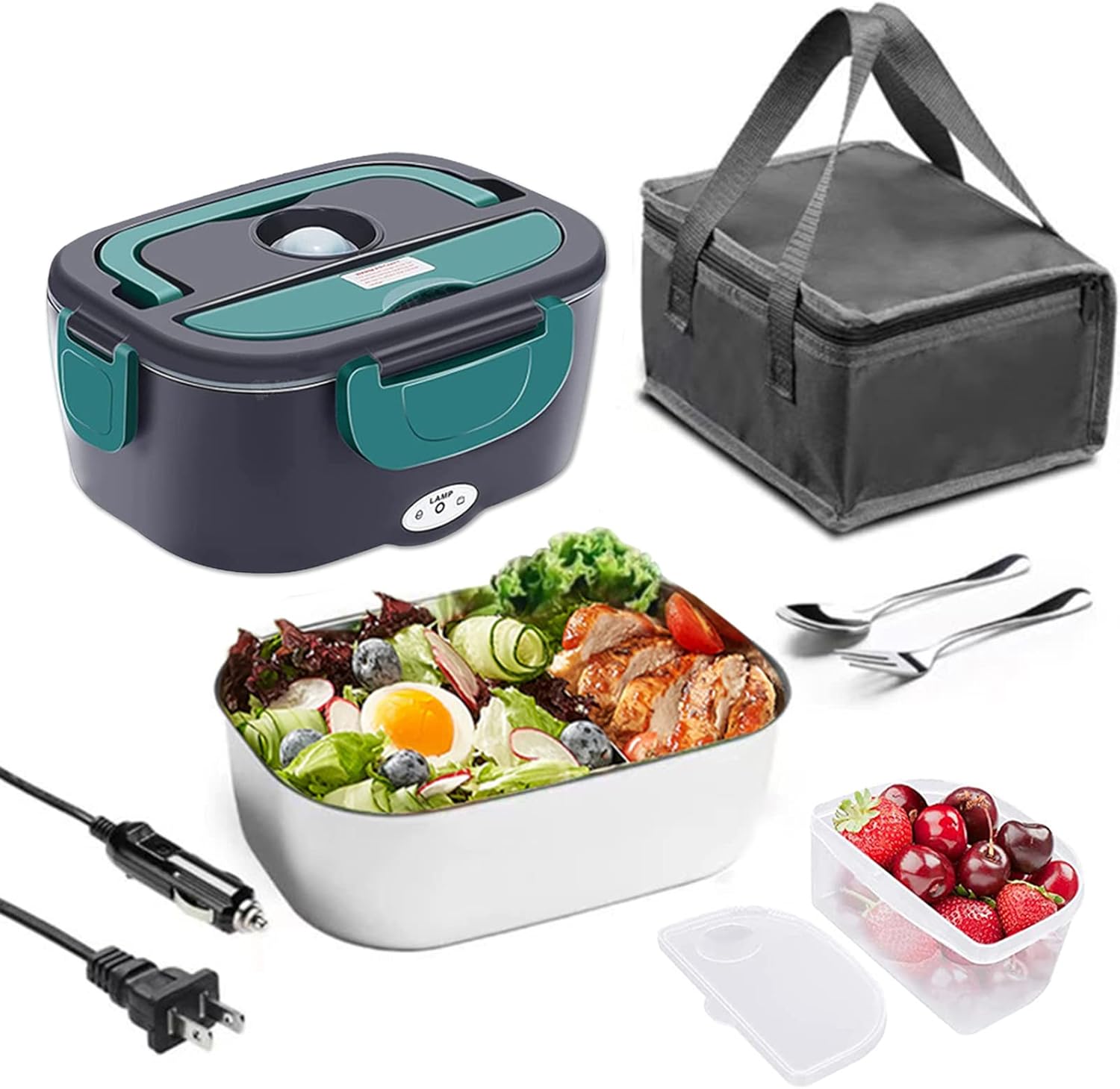 Heating Lunch Box 40W Portable Stainless Steel 110V+12V/24V Dual Power Supply Interface Stainless Steel Liner Electric Heating Insulation Home Car with Spoon And Fork