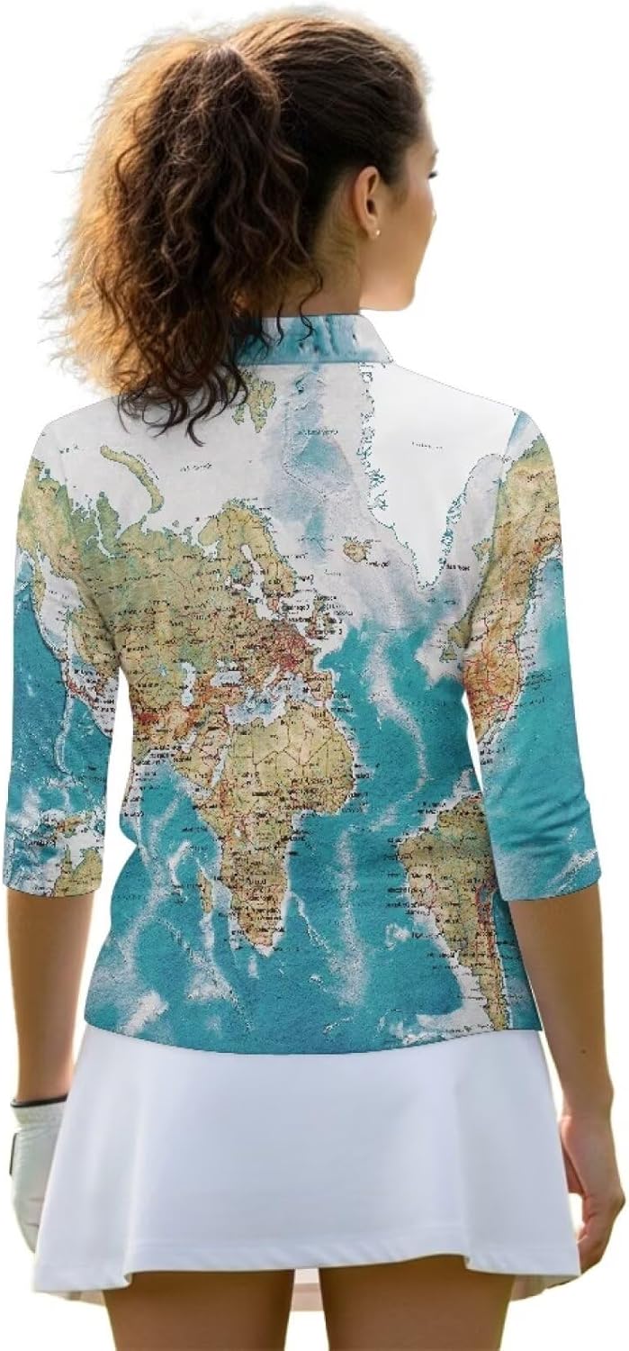 Womens 3/4 Sleeve Polo Shirts Sun Protection Zip Up Golf Shirt Tennis Tops Athletic Outfits Activewear for Women