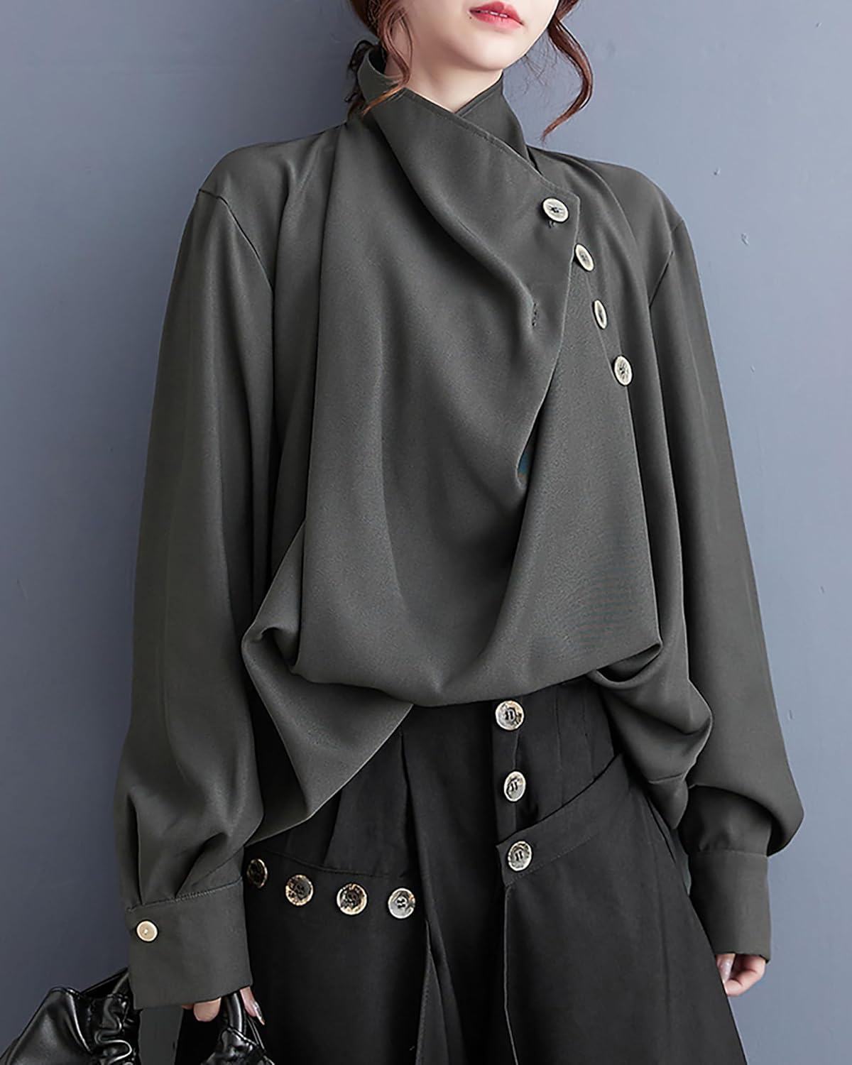 ellazhu Women's Coat Button Down Long Sleeve Pile Collar Flowy Hem Solid Loose Oversize Top GZ266 - Image 4