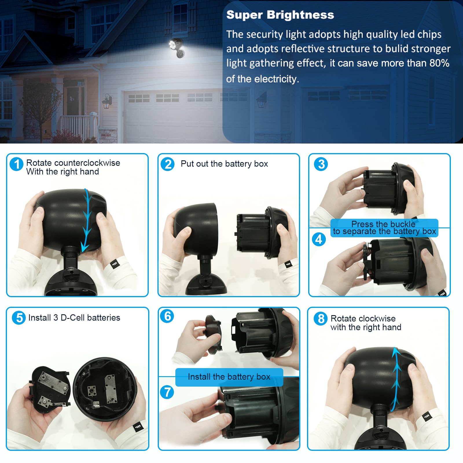 YoungPower Lot de 2 lampes d'extérieur à mouvement à piles, 6 LED, 800 lumens, éclairage mural, activation nocturne, spot de sécurité pour porche extérieur, couloir, poubelle, escaliers