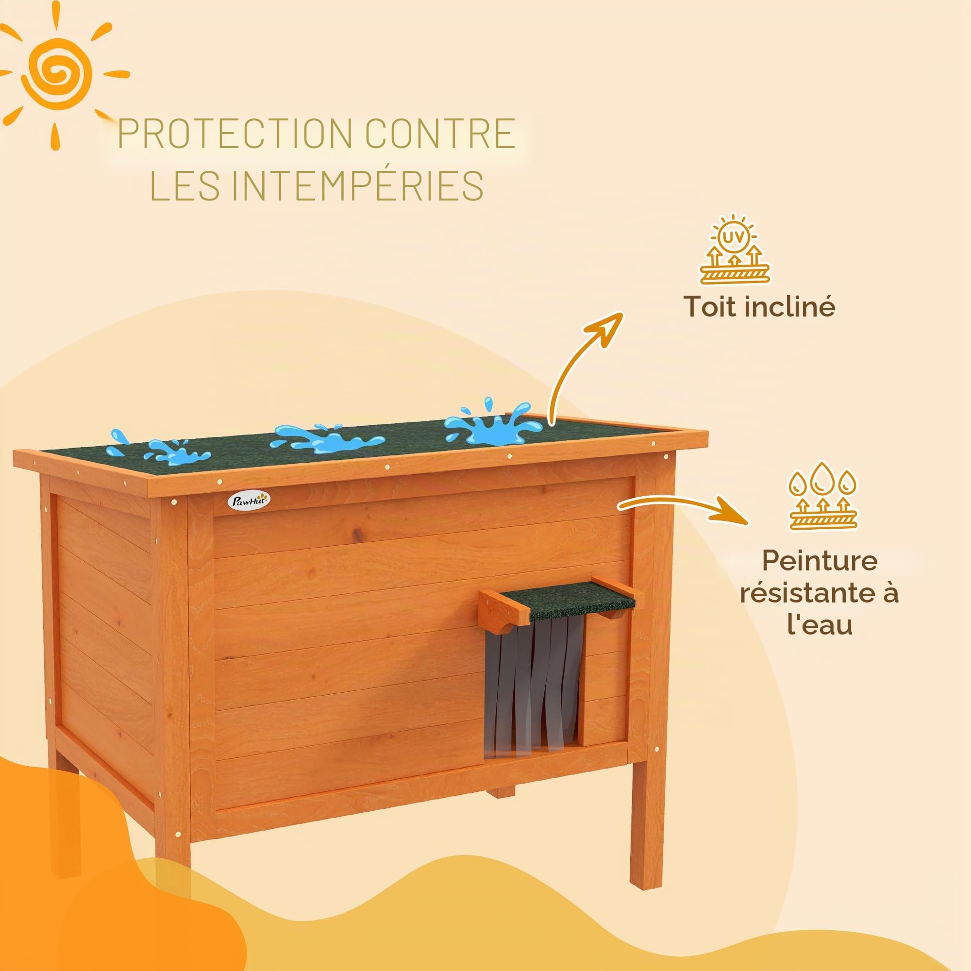 PawHut Maison pour Chat extérieure, 85 x 50 x 68.5cm, Orange | Maison chatons bois isolée pour chats errants, sol amovible, toit ouvrant résistant à l'eau