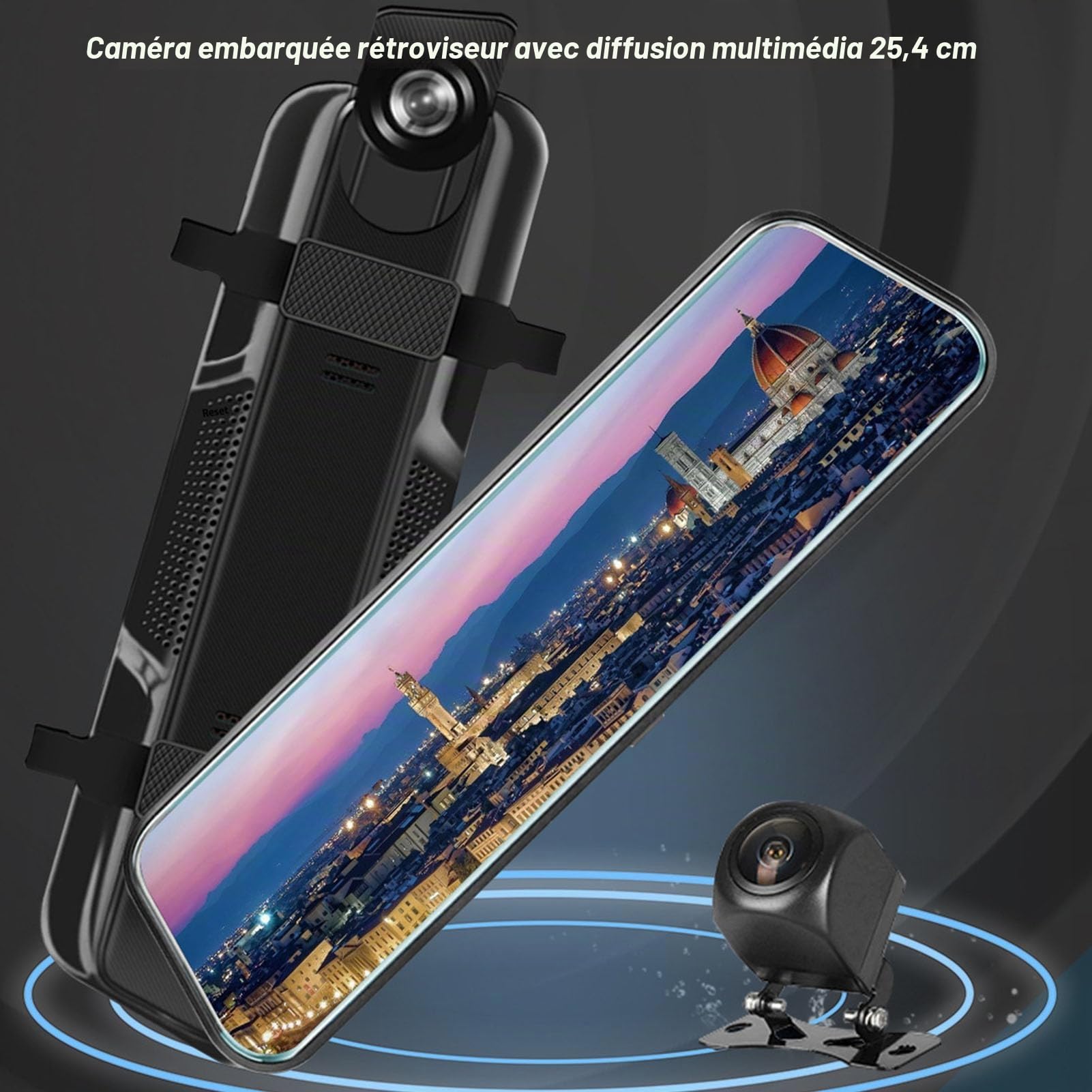 Caméra de Rétroviseur 10 Pouces, Caméra Avant et Arrière à Vision Nocturne avec écran incurvé 2,5D, Image Inversée, Enregistreur Vidéo de Conduite, Caméra de Tableau de Bord