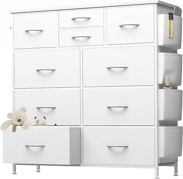 YaFiti 10 Drawer Dresser, Chest of Drawers for Bedroom, PU Dresser with Side Pockets, Hooks, Wooden Top and Sturdy Metal Frame for Living Room, Closet, Hallway (White)