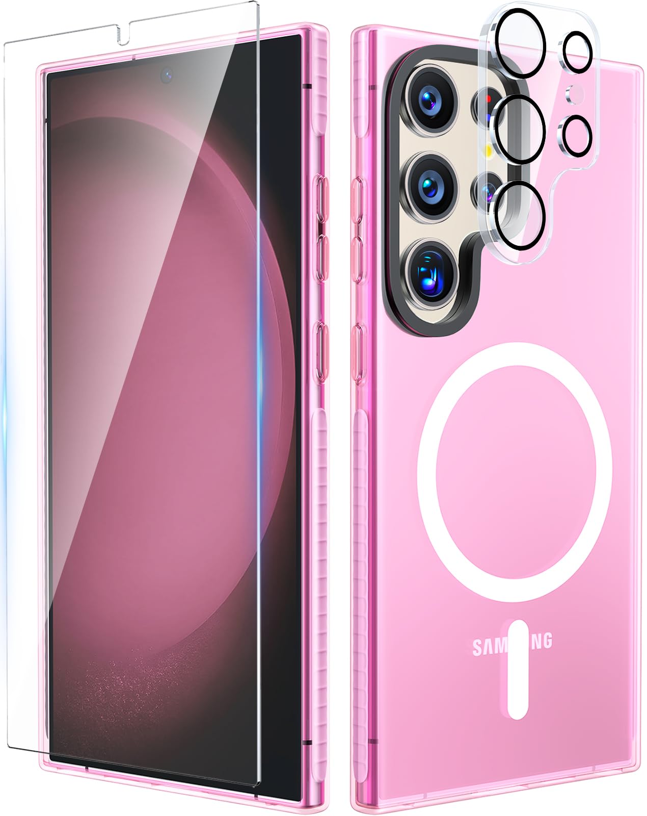 Magnetic Clear Case for Samsung Galaxy S24 Ultra with Screen Protector + Camera Lens Protector Compatible with Magsafe, Cute Neon Phone Case, Soft Silicone Protective Cover Cases for S24 Ultra 6.8"