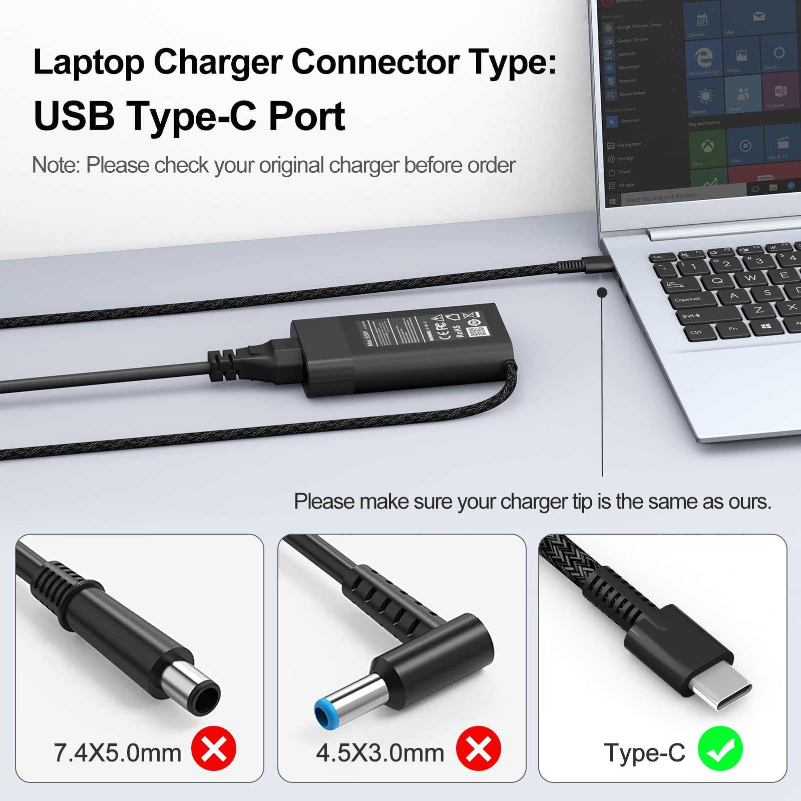 New Slim 65W USB C Laptop Charger for HP Spectre X360,Envy X360,Chromebook,Elite X2,EliteBook X360,HP Spectre/EliteBook/Envy/ZBook/Chromebook Type C AC Adapter Travel Power Cord
